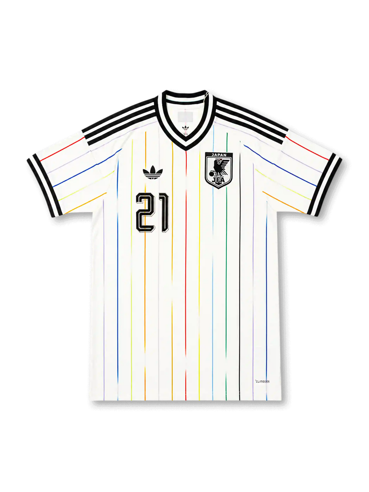 2026年日本代表ワールドカップアウェイユニフォーム正面、ホワイトボディ、マルチカラー縦ライン、ブラックVネック、日本代表エンブレム、胸番号14
