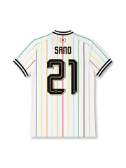 2026年日本代表ワールドカップアウェイユニフォーム背面、ITOネーム、14番マーキング、ホワイトボディ、マルチカラー縦ライン、襟下の日の丸ディテール