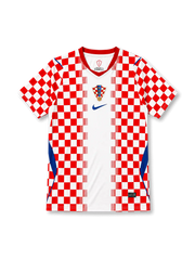 2026/27年クロアチア代表ホームユニフォーム正面、赤白のチェッカーパターンを主体に中央ホワイトパネルとブルーの差し色を組み合わせた半袖デザイン