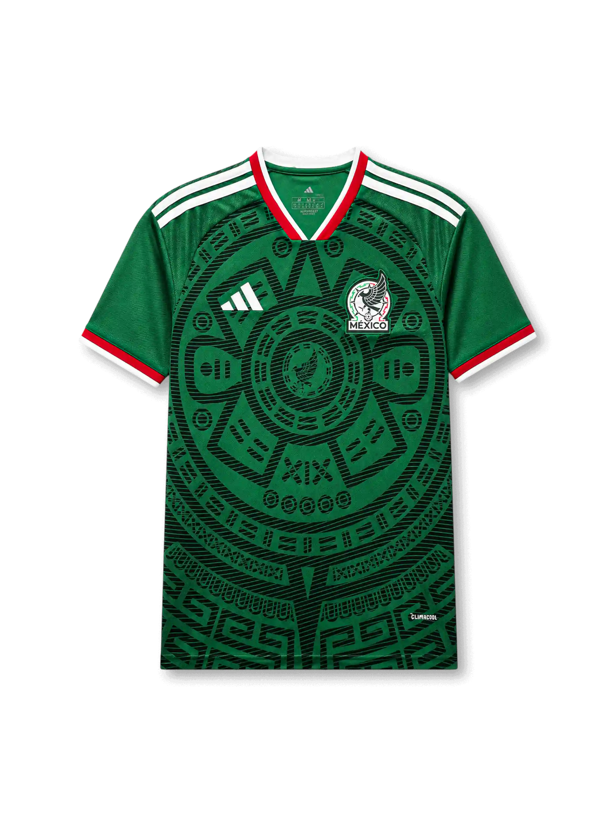 メキシコ代表2026ホームジャージ正面、グリーンボディ、古代意匠風の大きな円形グラフィック、ホワイトの肩3ストライプ、代表エンブレム、Vネック、半袖デザイン
