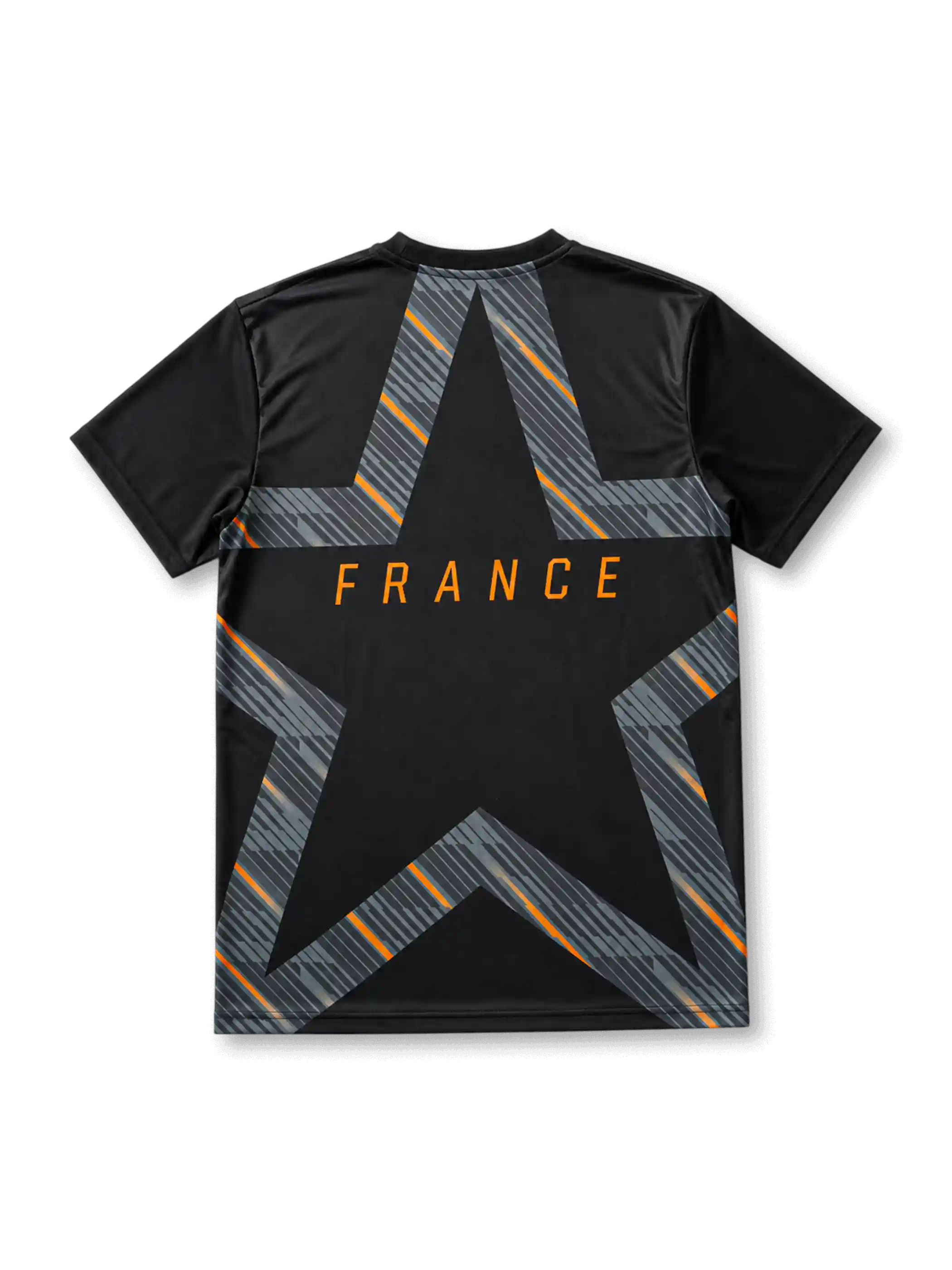 ブラックの背面にグレーの斜線とオレンジラインで構成した大きなスターモチーフとFRANCEロゴを配した2026年フランス代表ブラックゴールキーパーシャツ背面