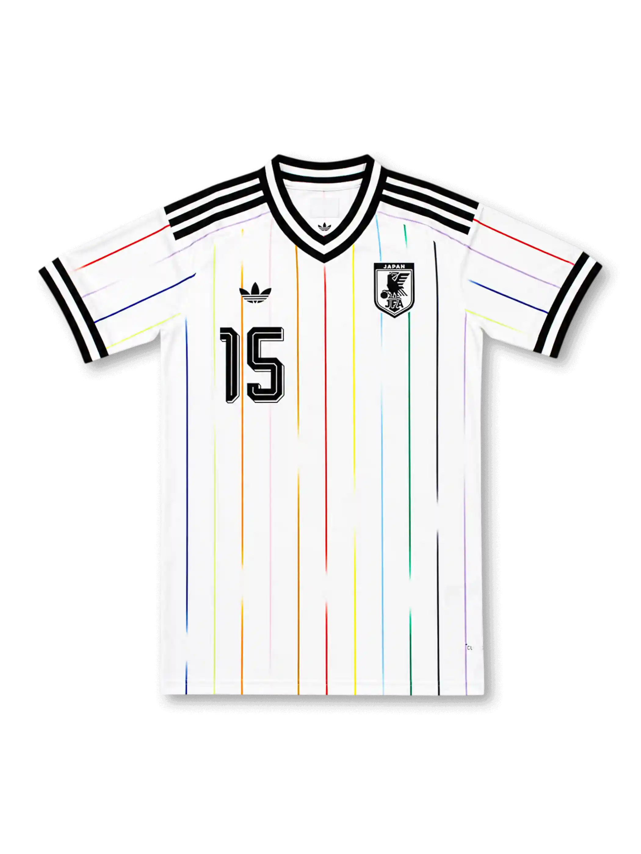 2026年日本代表アウェイジャージ正面、ホワイト、ブラックのVネック、肩に黒の3本ライン、多色の縦ライン、胸にJFAクレスト、中央に15番