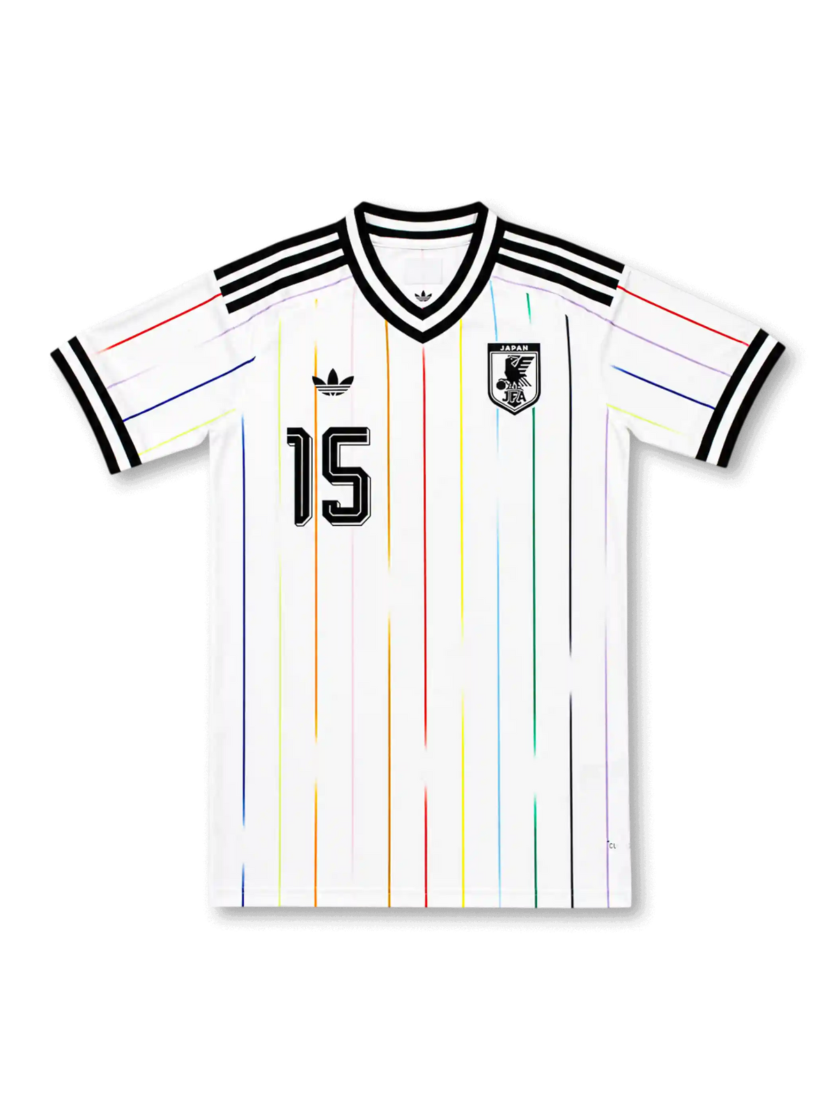 2026年日本代表アウェイジャージ正面、ホワイト、ブラックのVネック、肩に黒の3本ライン、多色の縦ライン、胸にJFAクレスト、中央に15番