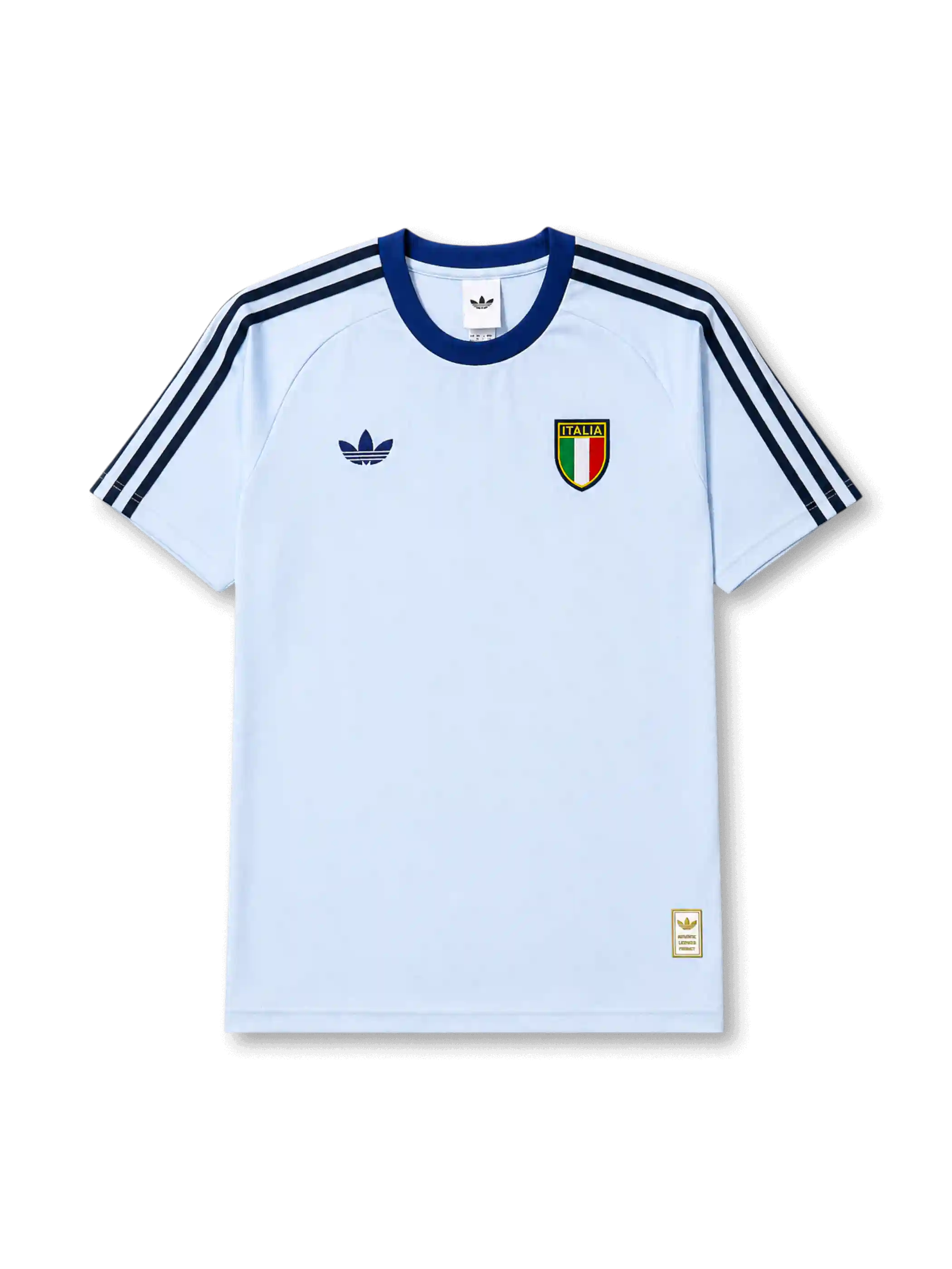 イタリア代表2026-2027ライトブルーTシャツ正面、淡いブルーのボディにネイビーの襟、肩のスリーストライプ、トレフォイルロゴとイタリア代表エンブレムを配した半袖デザイン