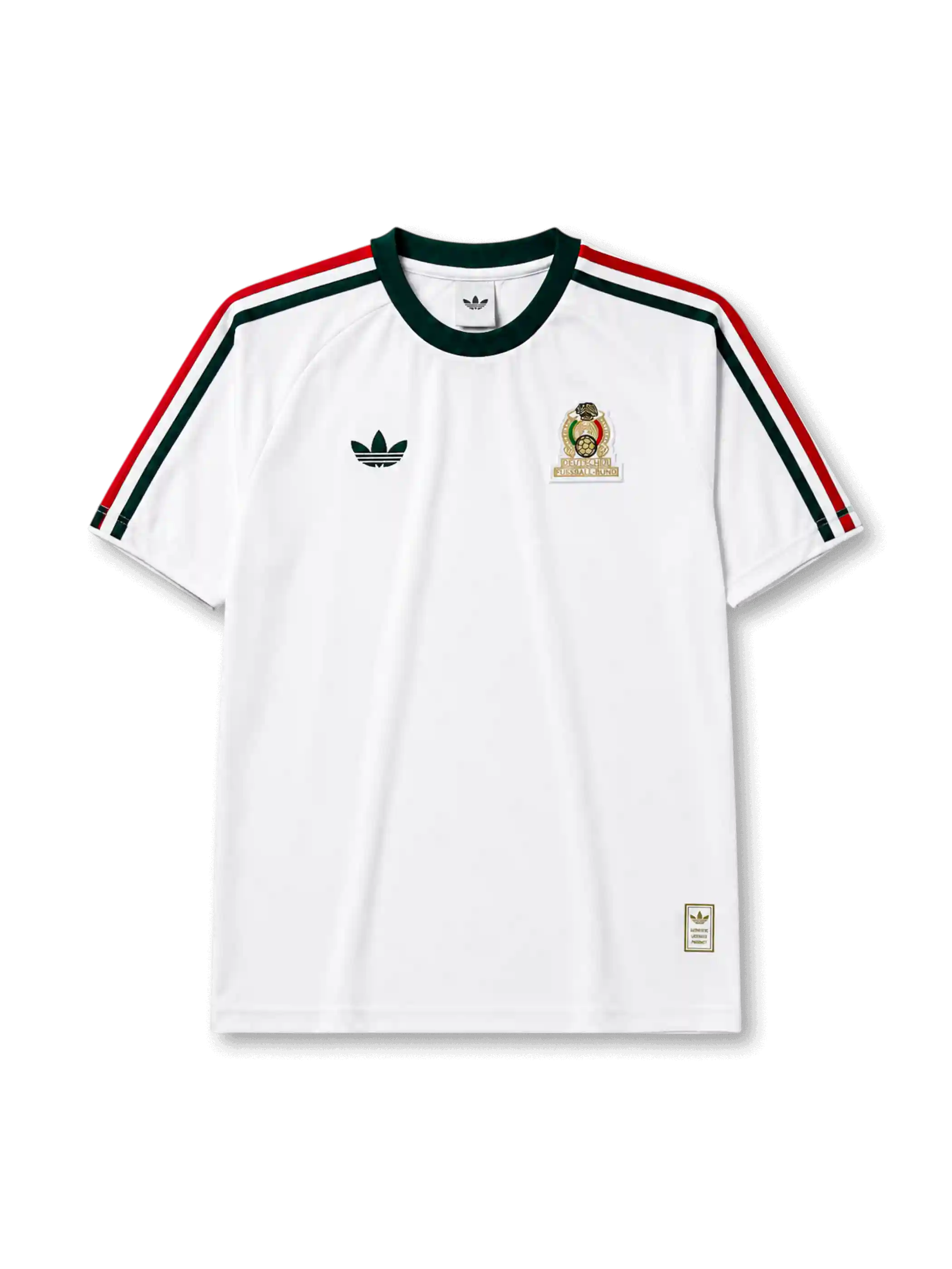 メキシコ代表2026-2027ホワイトTシャツ正面、ホワイトのボディにグリーンの襟、肩のレッドとグリーンのライン、胸元のトレフォイルロゴと代表エンブレムを配した半袖デザイン