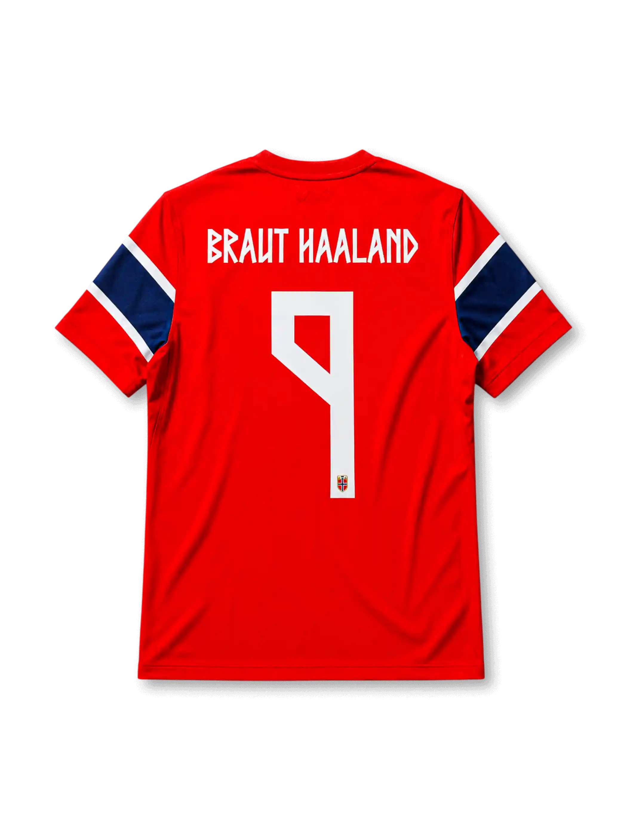 ノルウェー代表2026ホームユニフォーム背面・レッド地に白のルーン風レタリングで「BRAUT HAALAND」と大きな番号9、袖に紺×白のストライプ