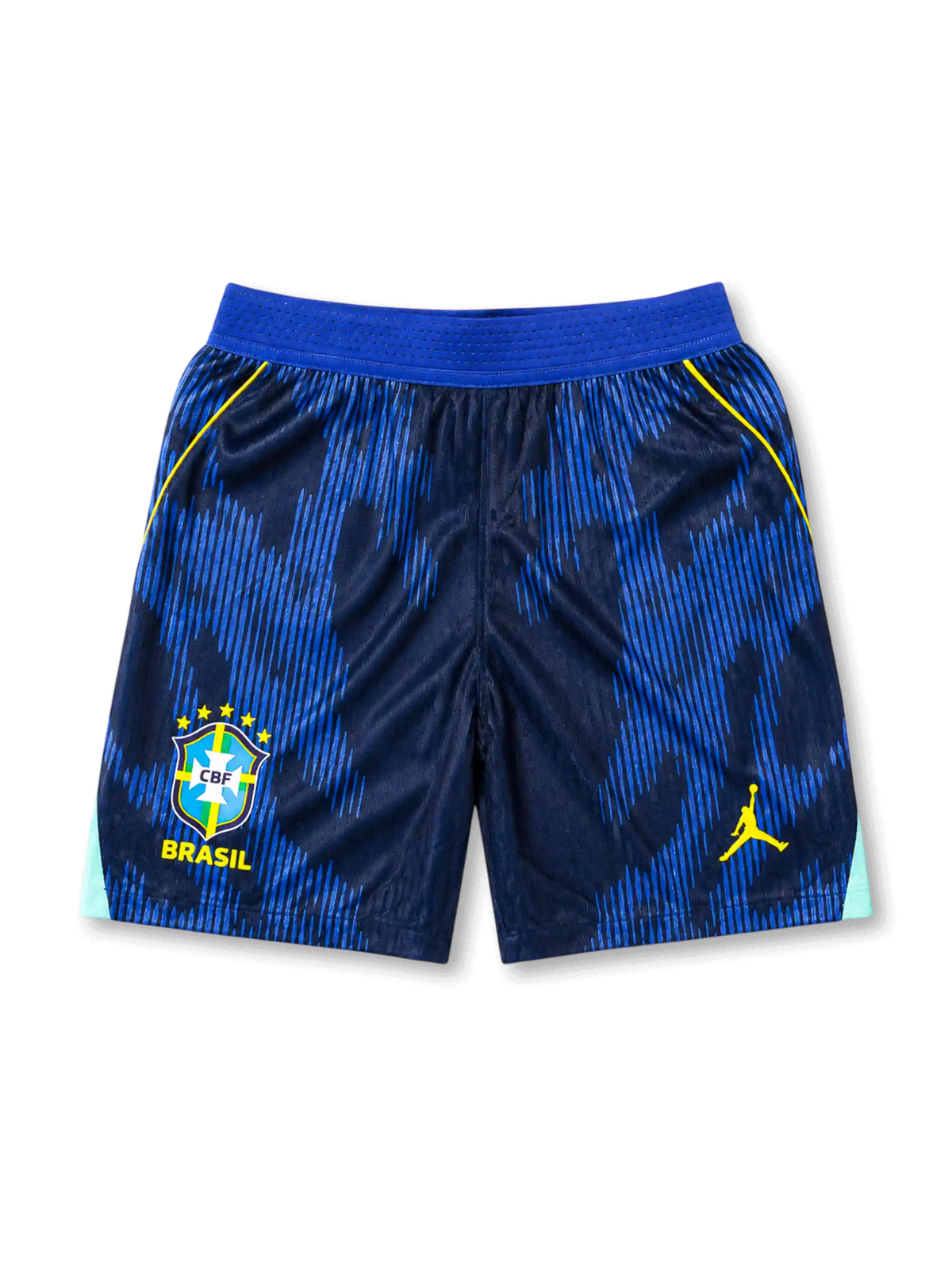 ブラジル代表2026ワールドカップ アウェイ オーセンティック ショーツ前面・ネイビー×ブルーの躍動的グラフィックにイエローのパイピングとミントの差し色、左裾に5つ星CBF BRASILエンブレム、右裾にイエローのジャンプマンロゴ