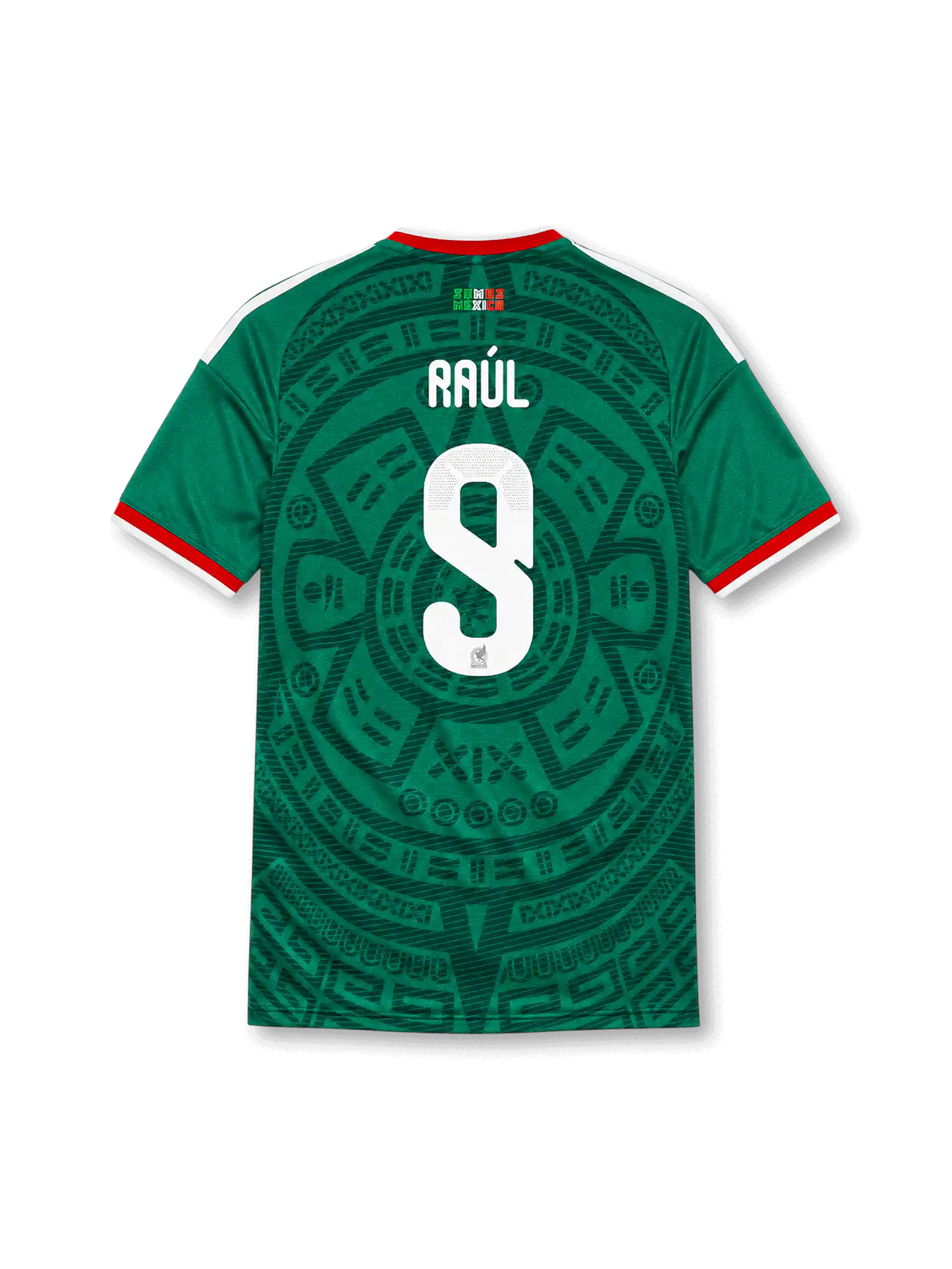 メキシコ代表 2026 ワールドカップ ホーム レプリカユニフォーム バック、白のRAÚLネームと連盟エンブレム入り大型背番号9、緑ボディのアステカ暦石トーナル総柄、襟元にSOMOS MÉXICOの国旗色プリント、赤襟と肩の白3ストライプ