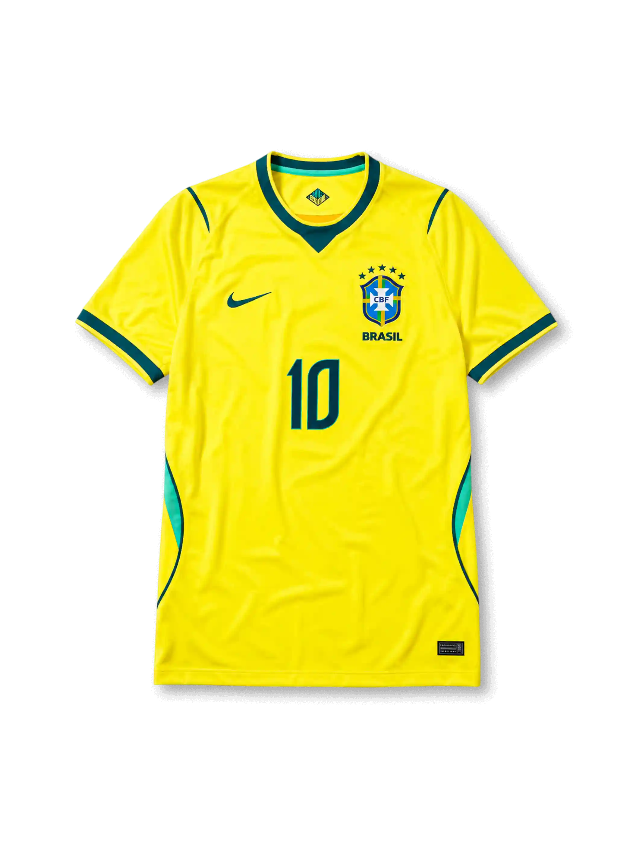 ブラジル代表 2026 ワールドカップ ホーム レプリカユニフォーム フロント、カナリアイエローのボディ、右胸に5つ星CBF刺繍エンブレムとBRASILレター、左胸にグリーンのスウッシュ、グリーンの胸番号10、ディープグリーンのVネックと袖口、脇のエメラルドパネル