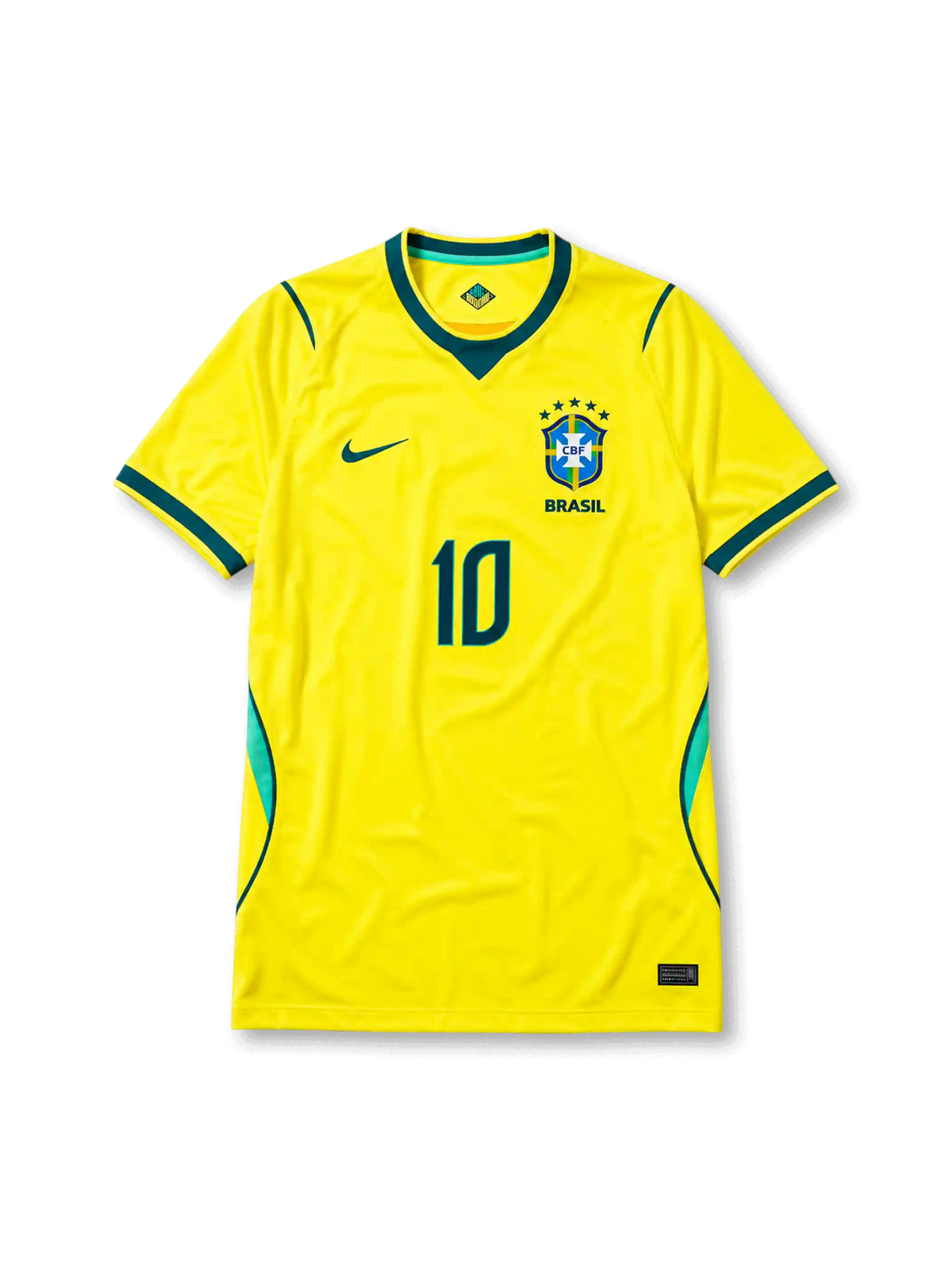 ブラジル代表 2026 ワールドカップ ホーム レプリカユニフォーム フロント、カナリアイエローのボディ、右胸に5つ星CBF刺繍エンブレムとBRASILレター、左胸にグリーンのスウッシュ、グリーンの胸番号10、ディープグリーンのVネックと袖口、脇のエメラルドパネル
