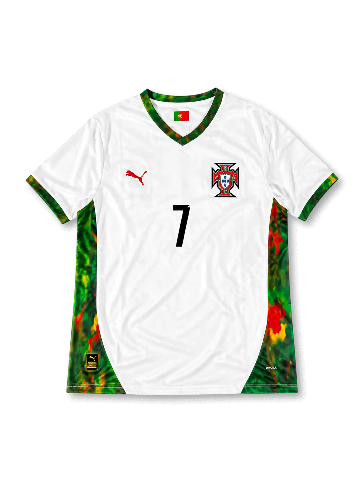 ポルトガル代表 2026 ワールドカップ ホワイト レプリカユニフォーム フロント、純白ボディに緑赤の抽象アートサイドパネル、襟元にポルトガル国旗ワッペン、右胸に連盟紋章、赤のキャットロゴ、黒の胸番号7、アート柄のVネックと袖口