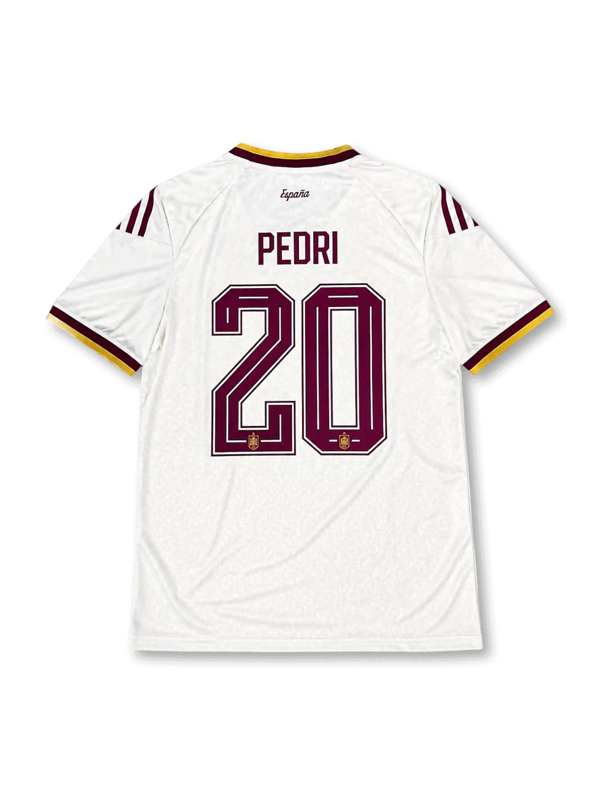 スペイン代表 2026 ワールドカップ アウェイ レプリカユニフォーム バック、バーガンディのPEDRIネームと連盟エンブレム入り大型背番号20、襟元にEspaña筆記体レター、白ボディのトーナル総柄、バーガンディと金の袖口