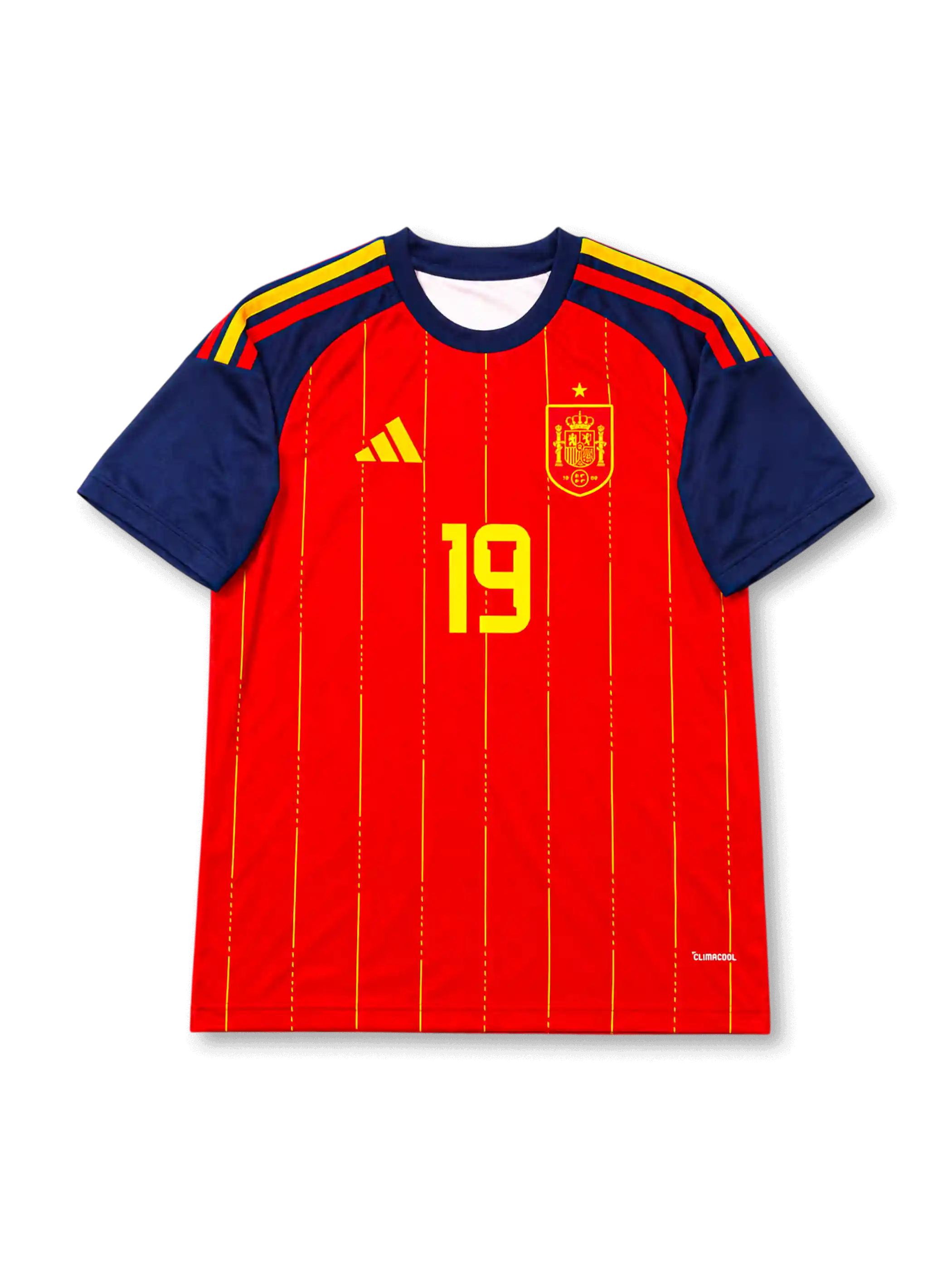 スペイン代表 2026 ワールドカップ ホーム レプリカユニフォーム フロント、赤ボディにイエローピンストライプ、ネイビーの袖と肩の国旗色ストライプ、右胸にイエローのスペイン連盟エンブレムと星、イエローの胸番号19