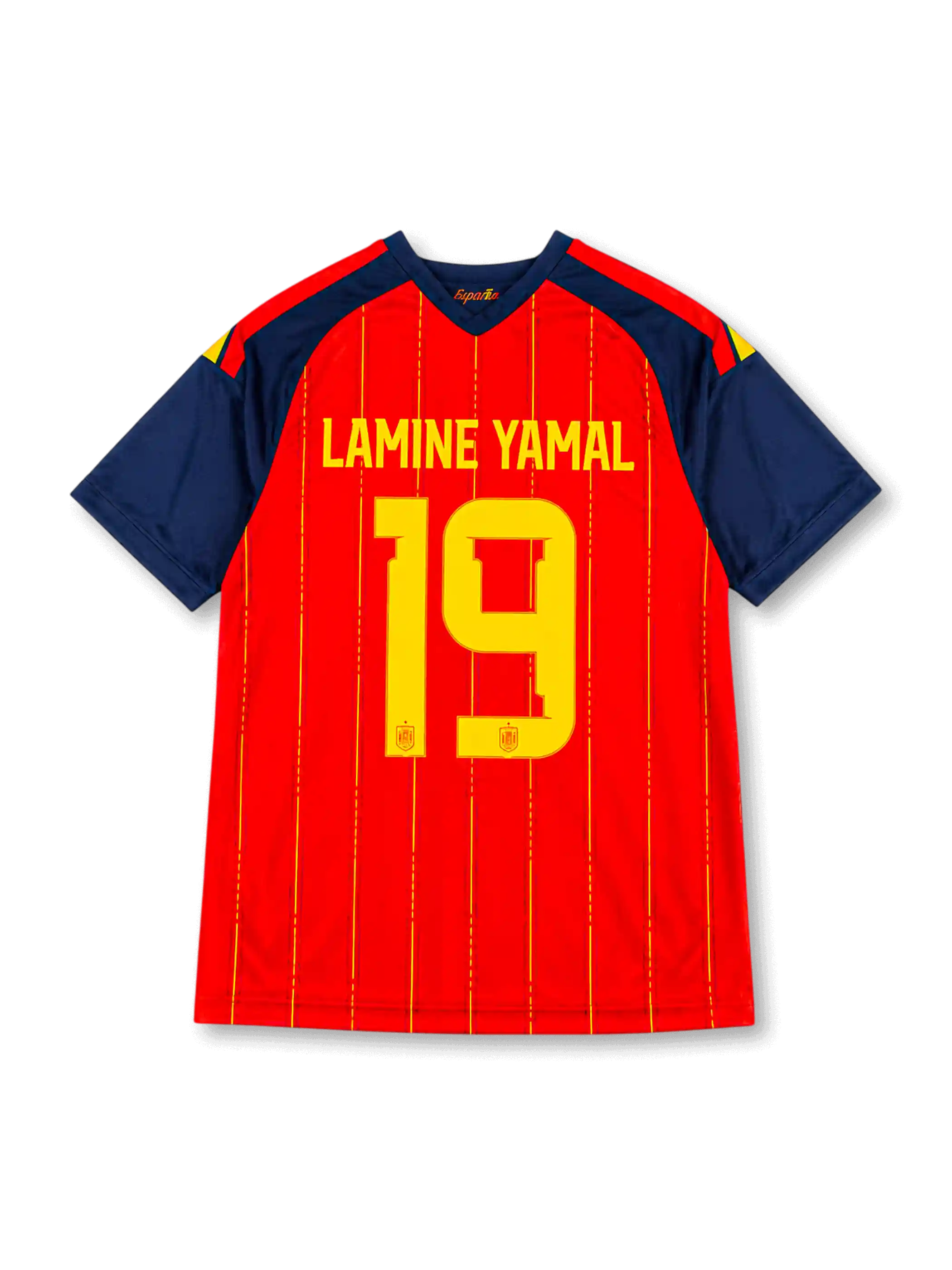スペイン代表 2026 ワールドカップ ホーム レプリカユニフォーム バック、イエローのLAMINE YAMALネームと連盟エンブレム入り大型背番号19、赤ボディのピンストライプ、ネイビーの袖と襟