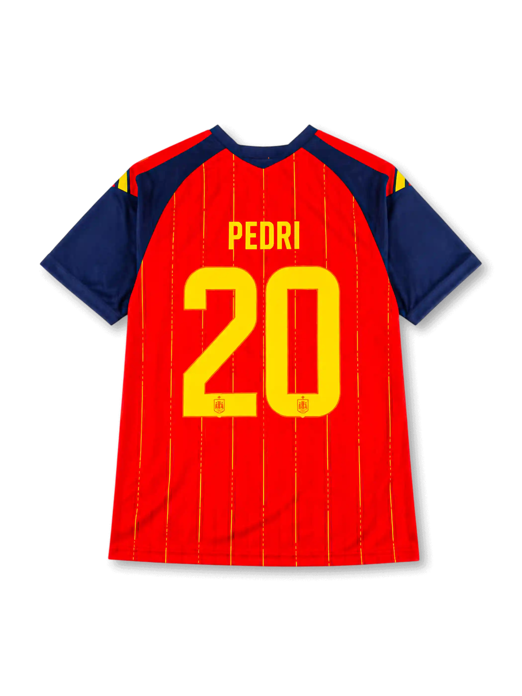 スペイン代表 2026 ワールドカップ ホーム レプリカユニフォーム バック、イエローのPEDRIネームと連盟エンブレム入り大型背番号20、赤ボディのイエローピンストライプ、ネイビーの袖と肩の国旗色ストライプ