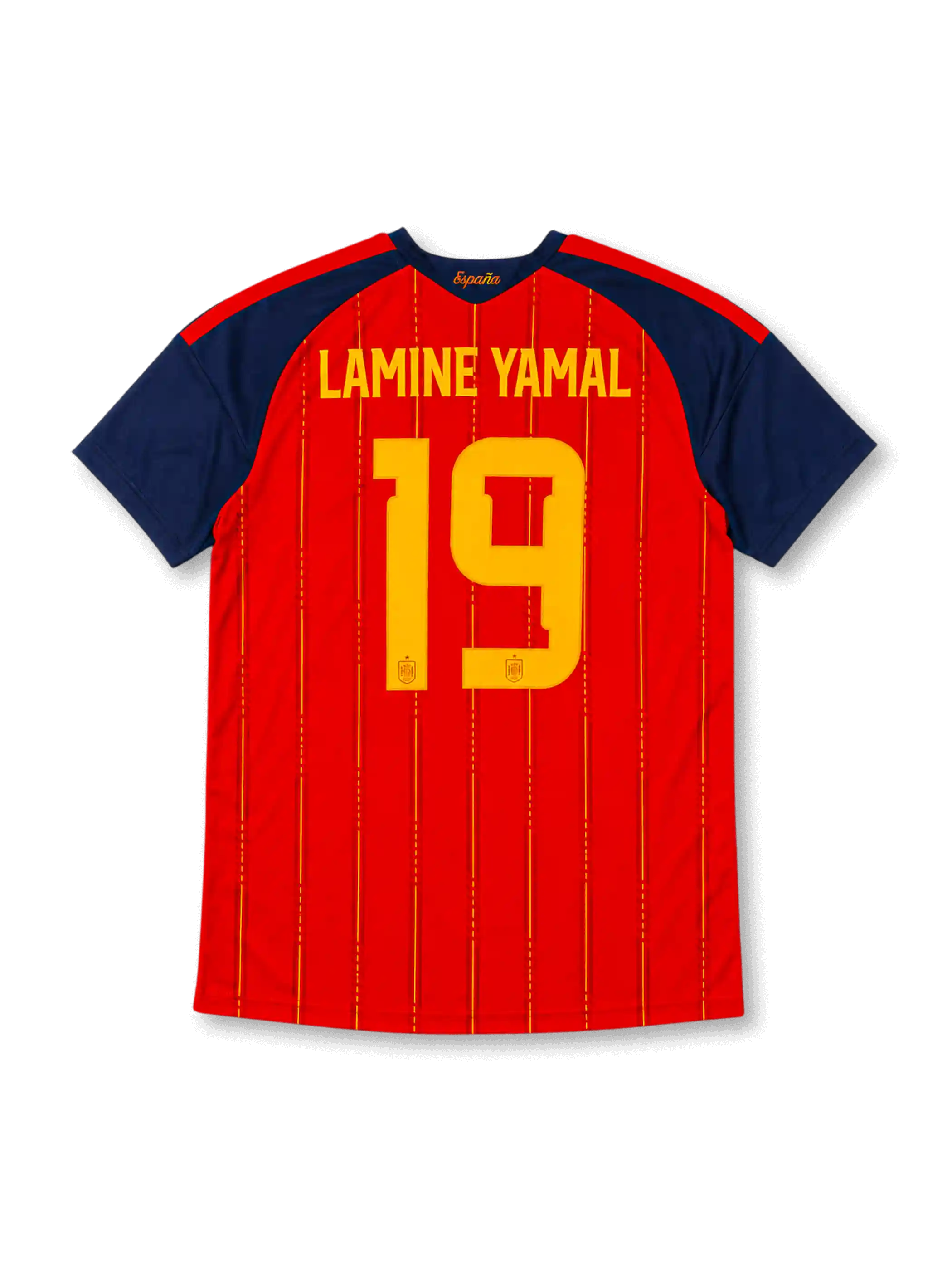 スペイン代表 2026-27 ホーム オーセンティックユニフォーム バック、イエローのLAMINE YAMALネームと連盟エンブレム入り大型背番号19、襟元にEspaña筆記体レター、赤ボディのピンストライプ、ネイビーの袖と肩