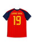 スペイン代表 2026-27 ホーム オーセンティックユニフォーム バック、イエローのLAMINE YAMALネームと連盟エンブレム入り大型背番号19、襟元にEspaña筆記体レター、赤ボディのピンストライプ、ネイビーの袖と肩
