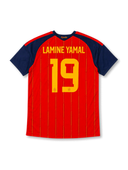 スペイン代表 2026-27 ホーム オーセンティックユニフォーム バック、イエローのLAMINE YAMALネームと連盟エンブレム入り大型背番号19、襟元にEspaña筆記体レター、赤ボディのピンストライプ、ネイビーの袖と肩