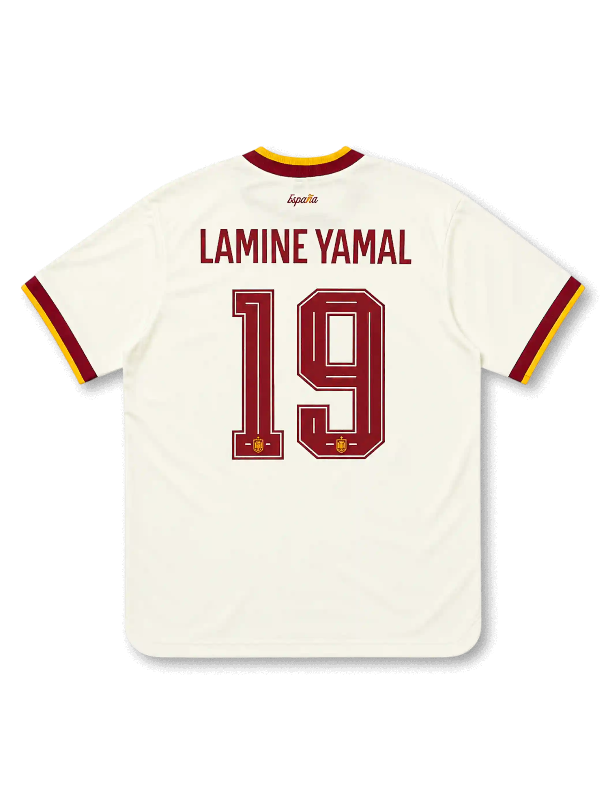スペイン代表 2026-27 アウェイ オーセンティックユニフォーム バック、バーガンディのLAMINE YAMALネームと連盟エンブレム入り大型背番号19、襟元にEspaña筆記体レター、生成りボディ、バーガンディと金の襟と袖口