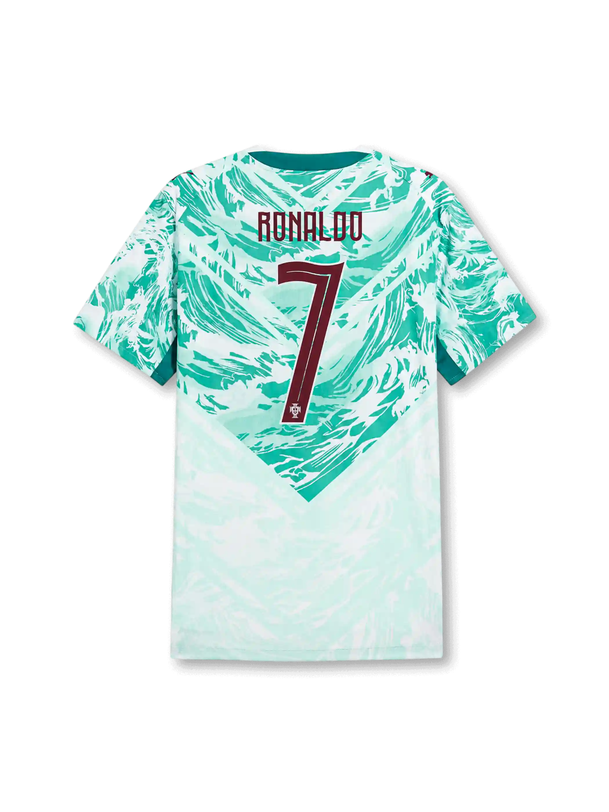 ポルトガル代表 2026 ワールドカップ アウェイ オーセンティックユニフォーム バック、バーガンディのRONALDOネームと連盟紋章入り大型背番号7、ミントホワイトのボディに渦巻くグリーンの波グラフィック
