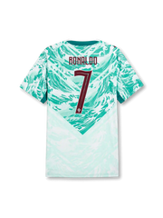 ポルトガル代表 2026 ワールドカップ アウェイ オーセンティックユニフォーム バック、バーガンディのRONALDOネームと連盟紋章入り大型背番号7、ミントホワイトのボディに渦巻くグリーンの波グラフィック