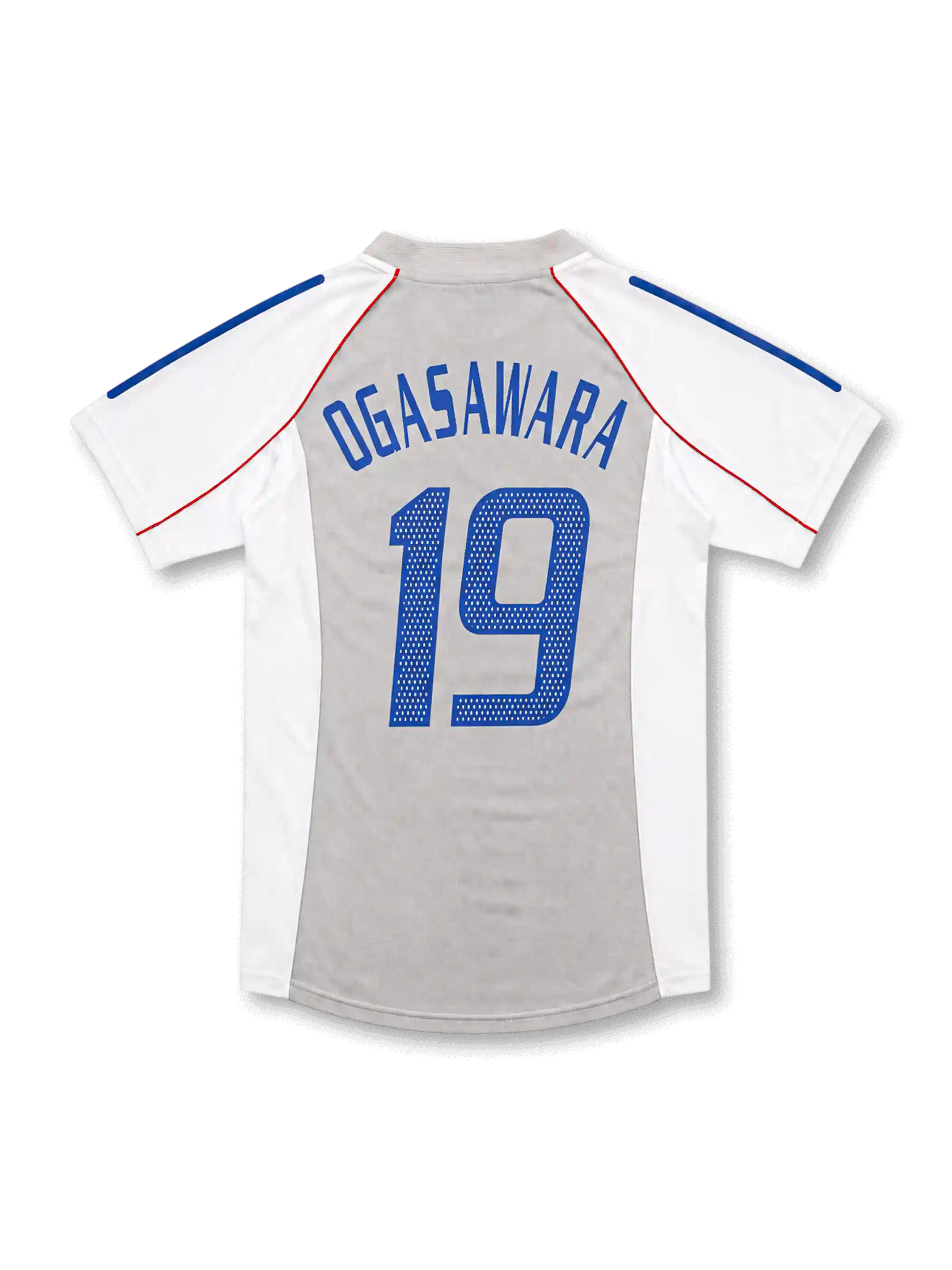 日本代表2002-04アウェイユニフォーム背面・ホワイト×グレーのパネル構成にブルーで「OGASAWARA」と番号19、ブルーの肩ラインとレッドのパイピング