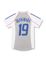 日本代表2002-04アウェイユニフォーム背面・ホワイト×グレーのパネル構成にブルーで「OGASAWARA」と番号19、ブルーの肩ラインとレッドのパイピング