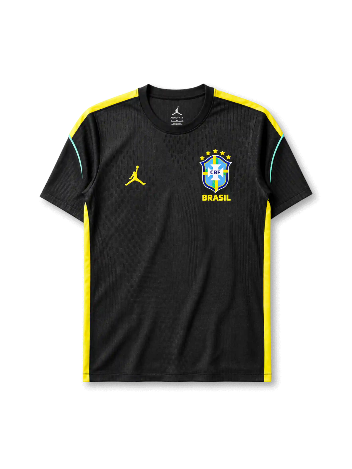 ブラジル代表2026ワールドカップ オーセンティックトレーニングシャツ正面、ブラック地にイエローショルダーライン、右胸にCBFエンブレムとBRASILロゴ、左胸にイエローのジャンプマンロゴ、両サイドに蛍光イエローパネル