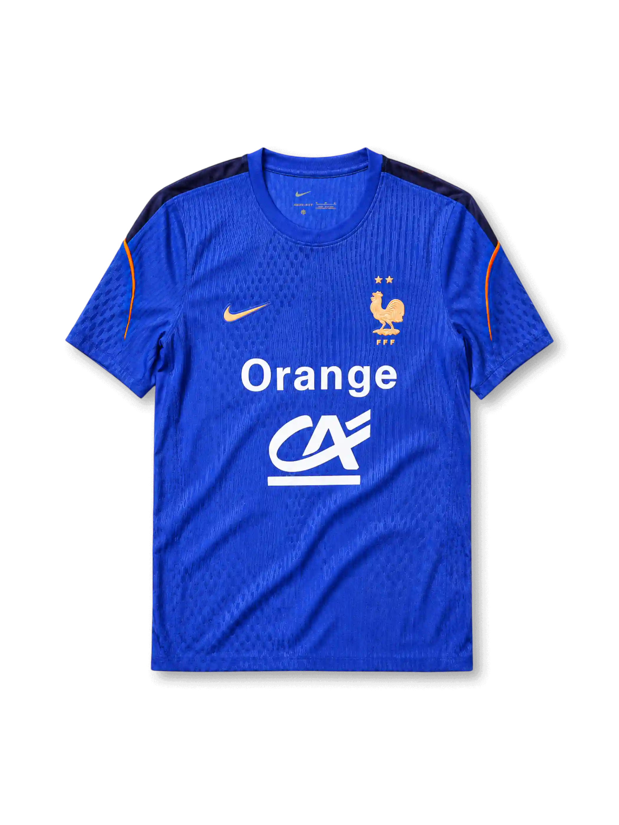 フランス代表2026ワールドカップ オーセンティックトレーニングシャツ フルスポンサー仕様正面、ロイヤルブルー地に2つ星FFF雄鶏エンブレム、ゴールドのスウッシュ、中央にOrangeとCrédit Agricoleの大型スポンサーロゴ