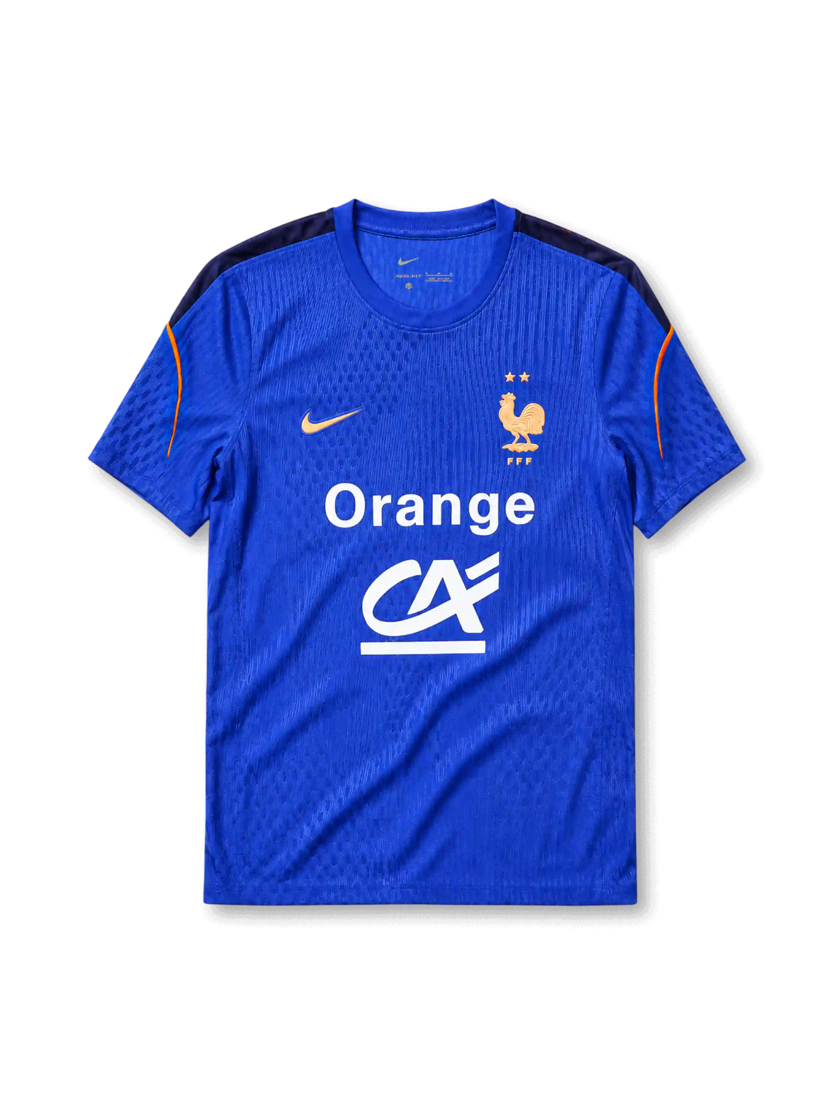 フランス代表2026ワールドカップ オーセンティックトレーニングシャツ フルスポンサー仕様正面、ロイヤルブルー地に2つ星FFF雄鶏エンブレム、ゴールドのスウッシュ、中央にOrangeとCrédit Agricoleの大型スポンサーロゴ