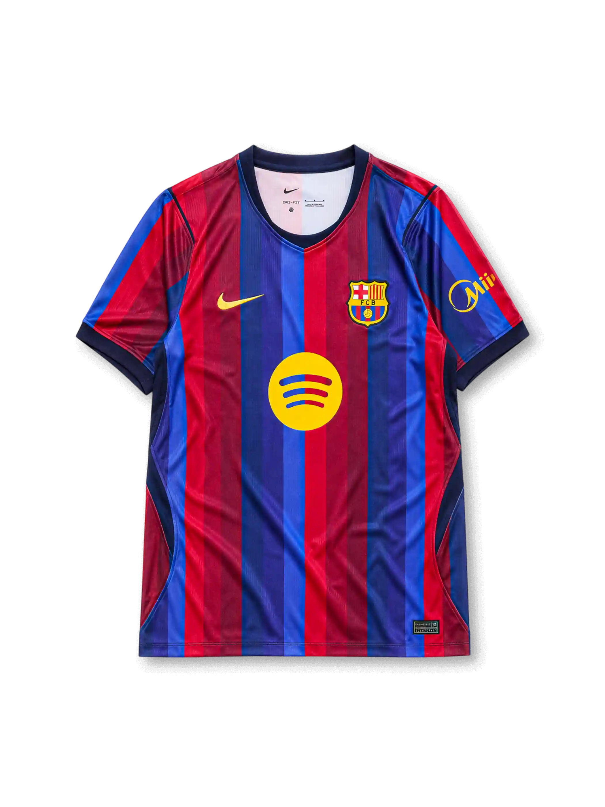 2026-27 FCバルセロナ ホームユニフォーム、ブルー×レッドの縦縞にSpotifyロゴ、クラブエンブレム、背面のBARÇA FOUNDATION表記を備えたデザイン。