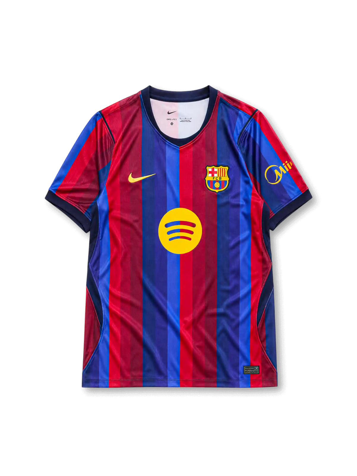 2026-27 FCバルセロナ ホームユニフォーム、ブルー×レッドの縦縞にSpotifyロゴ、クラブエンブレム、背面のBARÇA FOUNDATION表記を備えたデザイン。