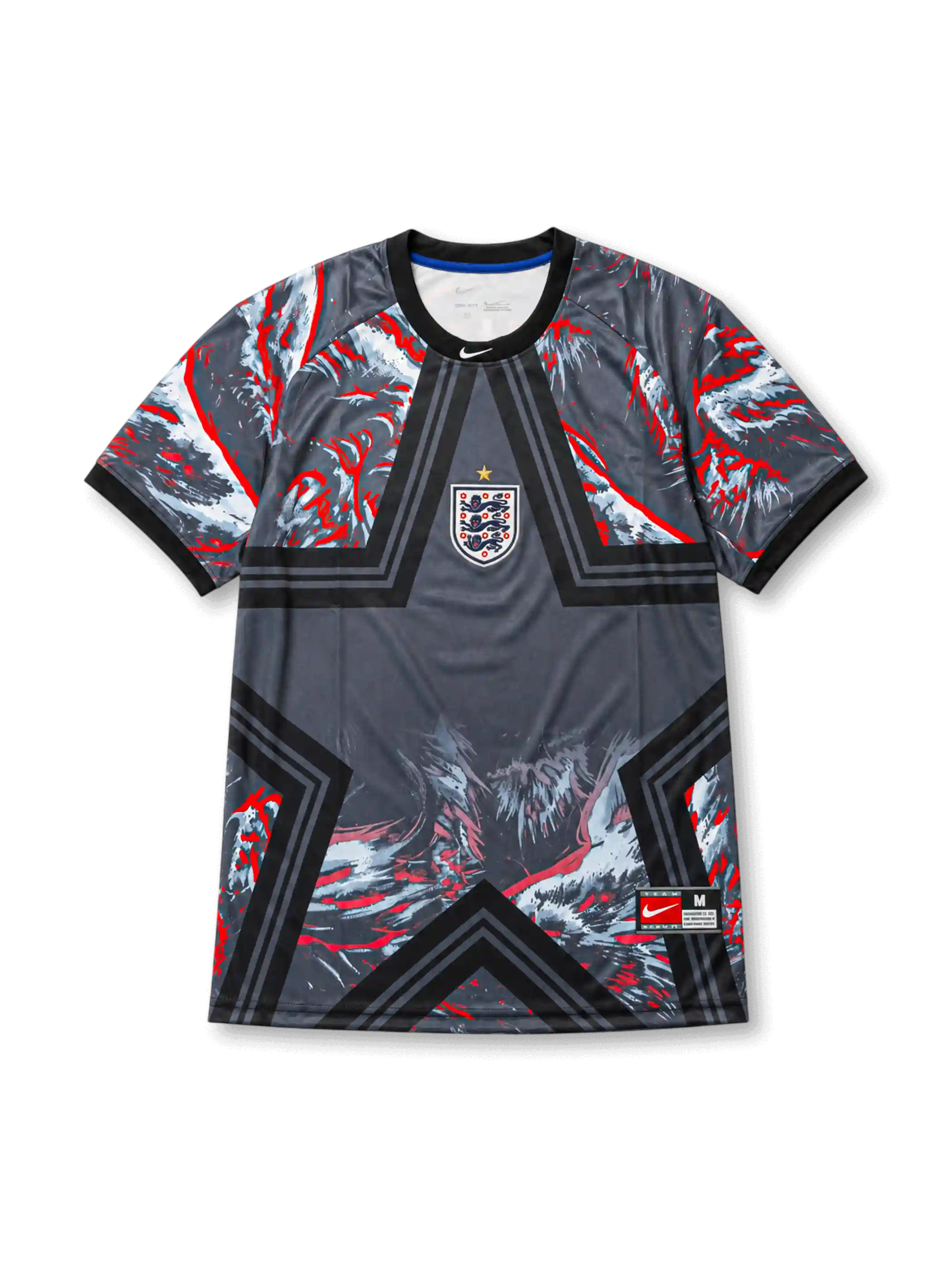2026年イングランド代表ゴールキーパーユニフォーム、ダークグレーの総柄ボディ、中央エンブレム、背面のENGLANDロゴ入りデザイン。