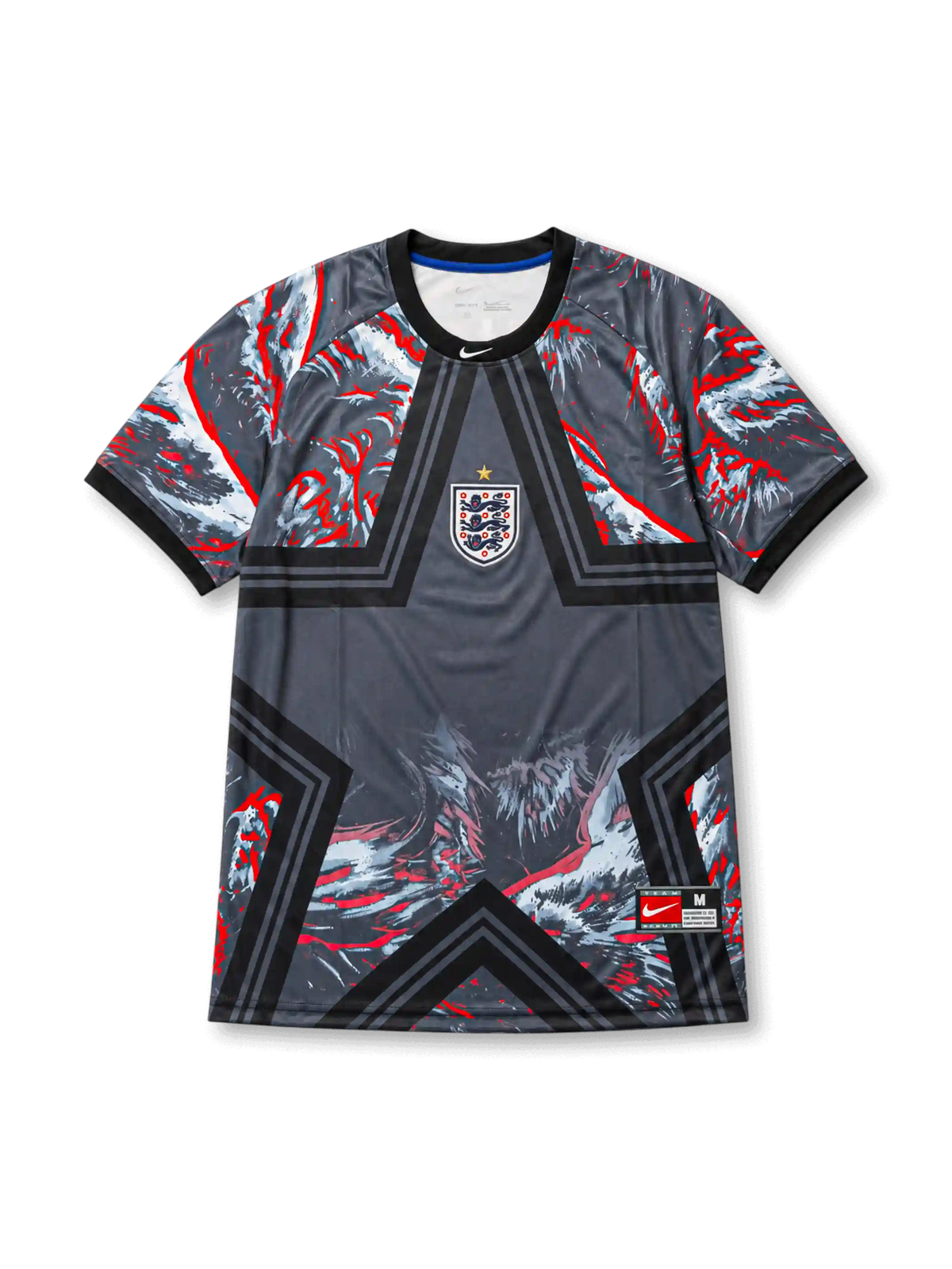2026年イングランド代表ゴールキーパーユニフォーム、ダークグレーの総柄ボディ、中央エンブレム、背面のENGLANDロゴ入りデザイン。