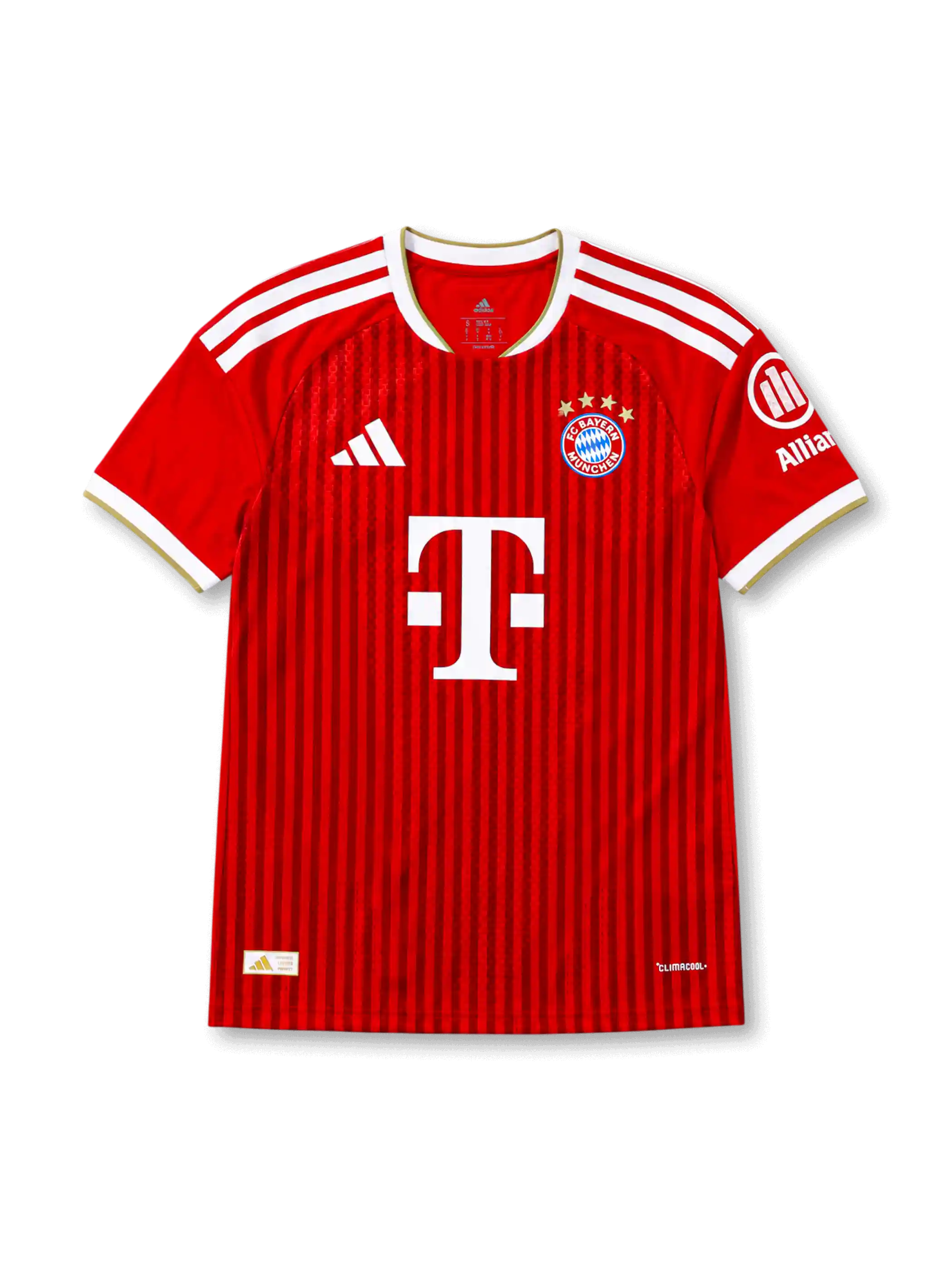 2026-27バイエルン・ミュンヘン ホームAuthenticユニフォーム、レッドカラーの縦ラインデザイン、クラブエンブレム、adidasロゴ、Tスポンサーを備えた選手着用仕様サッカーシャツ。