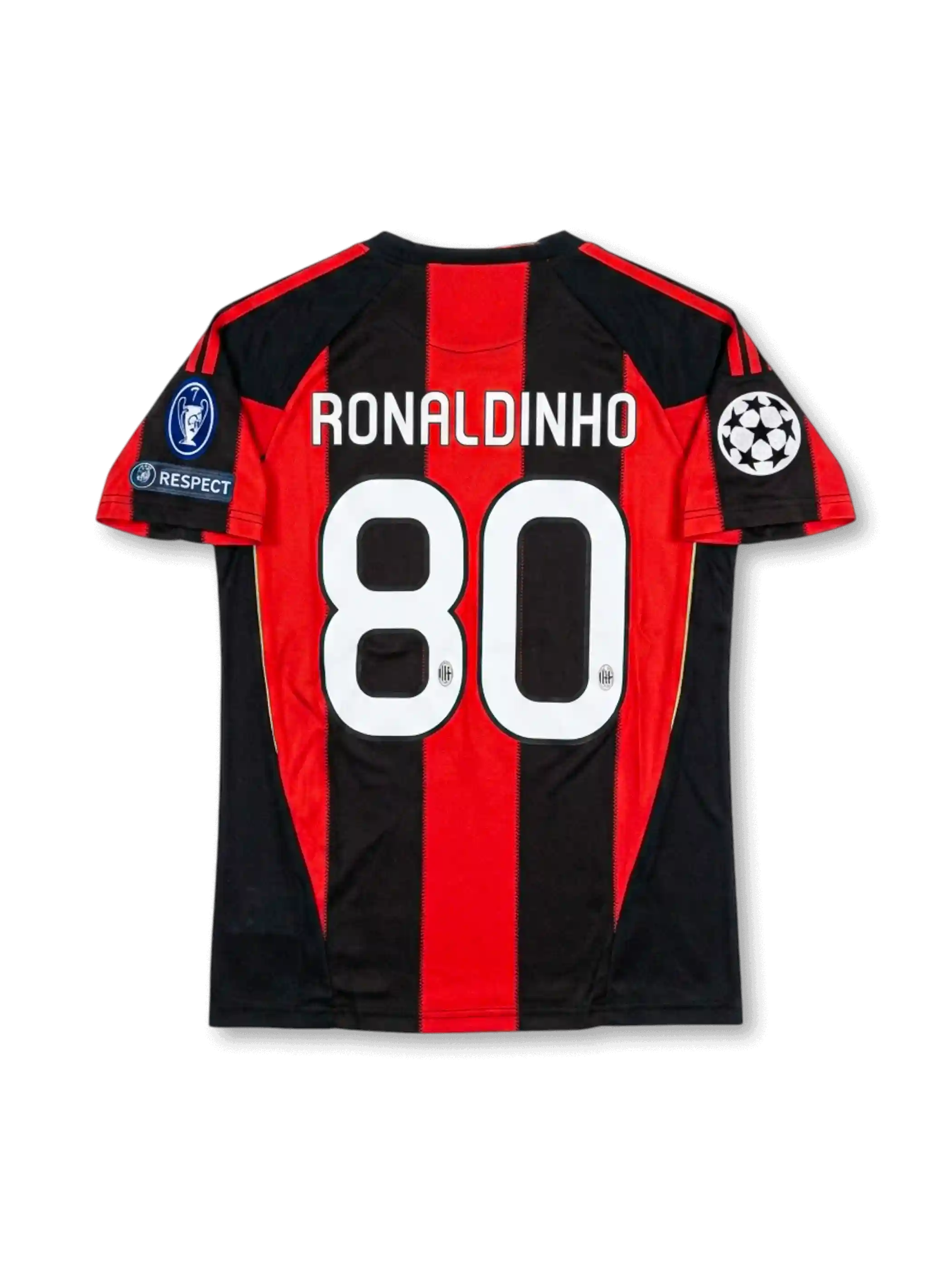 ACミラン 2010-11 ホーム UEFAチャンピオンズリーグ仕様 ロナウジーニョ80番 フロント（ロッソネリ赤黒ストライプ＋Fly Emirates＋ACミラン金星エンブレム＋UCLスターボールパッチ＋CL7回優勝バッジ＋UEFA RESPECT）