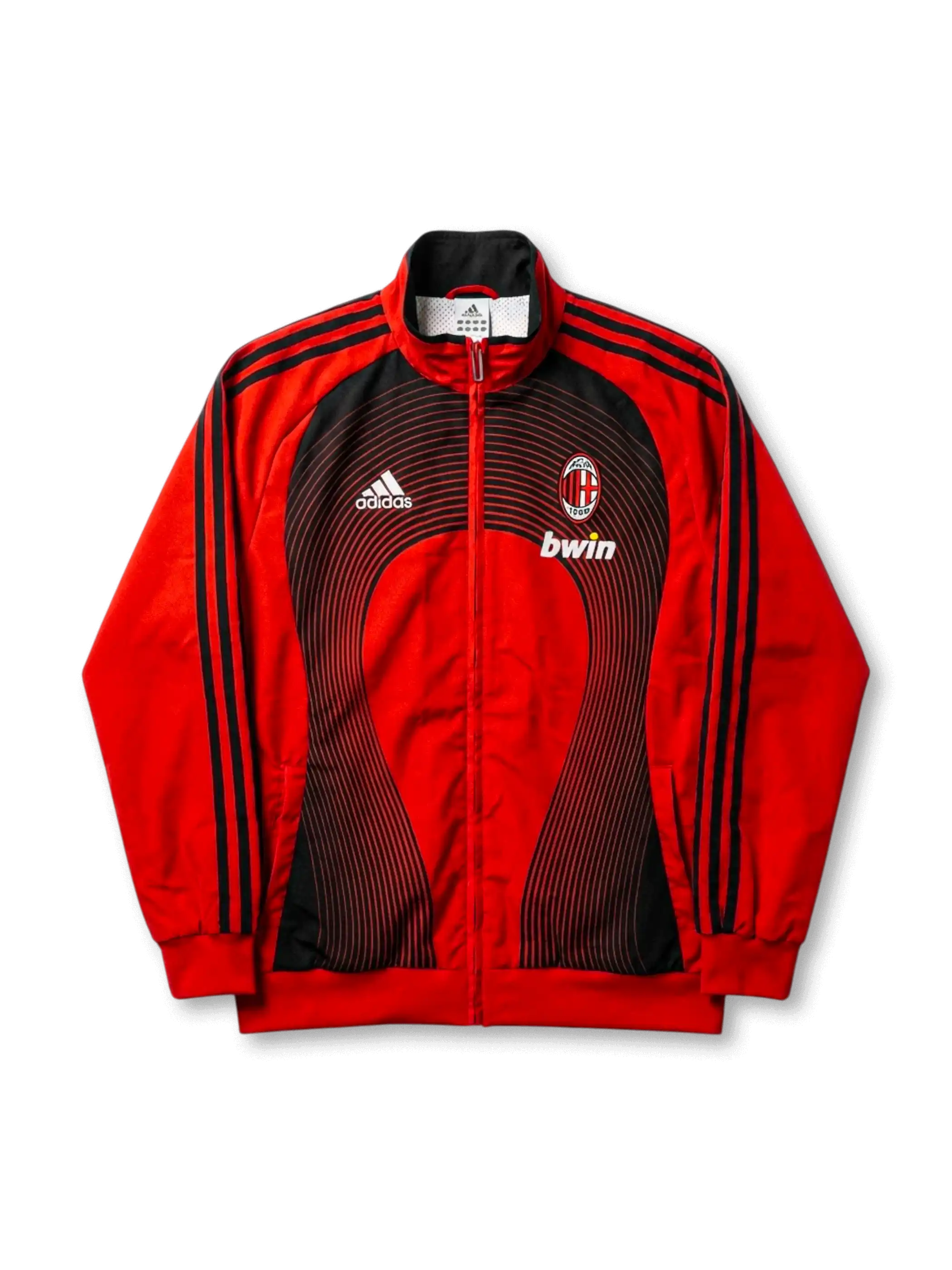 ACミラン トラックジャケット adidas bwinスポンサー時代 2007/08 正面 — レッド×ブラック同心円ウェーブ、ACミランエンブレム、bwinロゴ