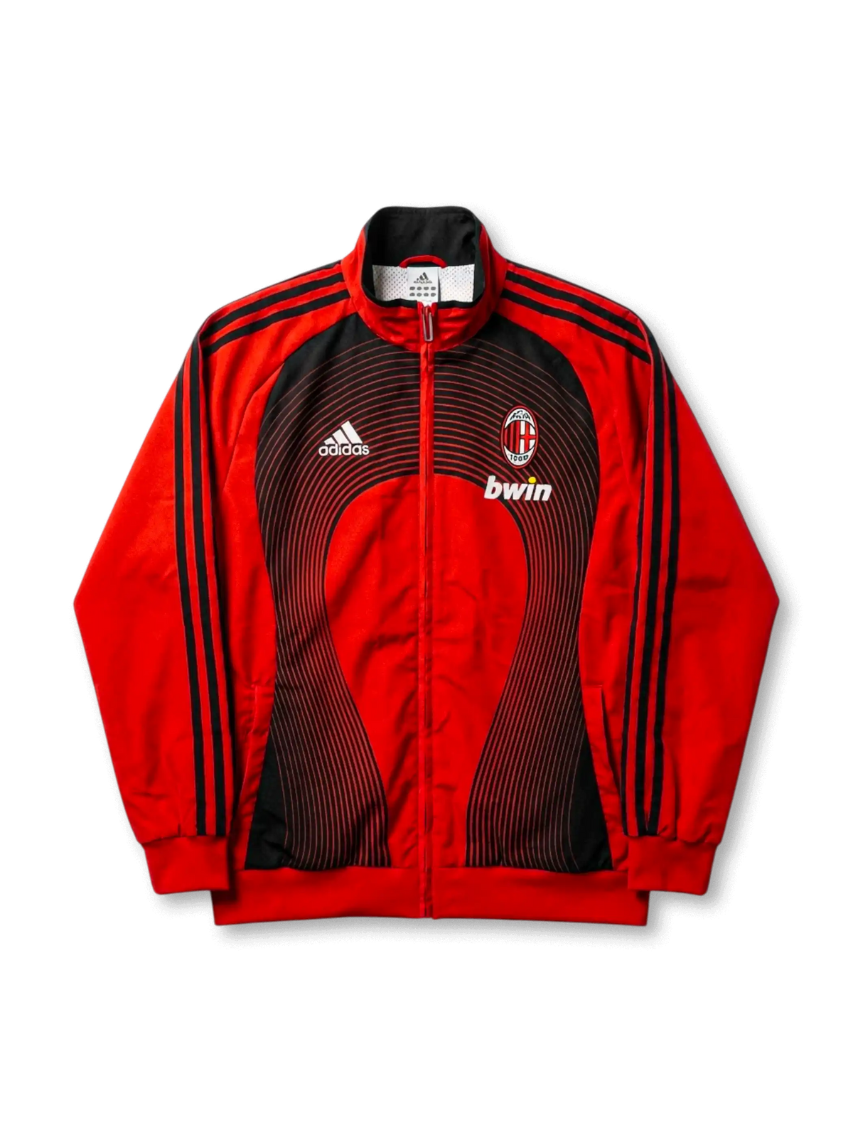 ACミラン トラックジャケット adidas bwinスポンサー時代 2007/08 正面 — レッド×ブラック同心円ウェーブ、ACミランエンブレム、bwinロゴ