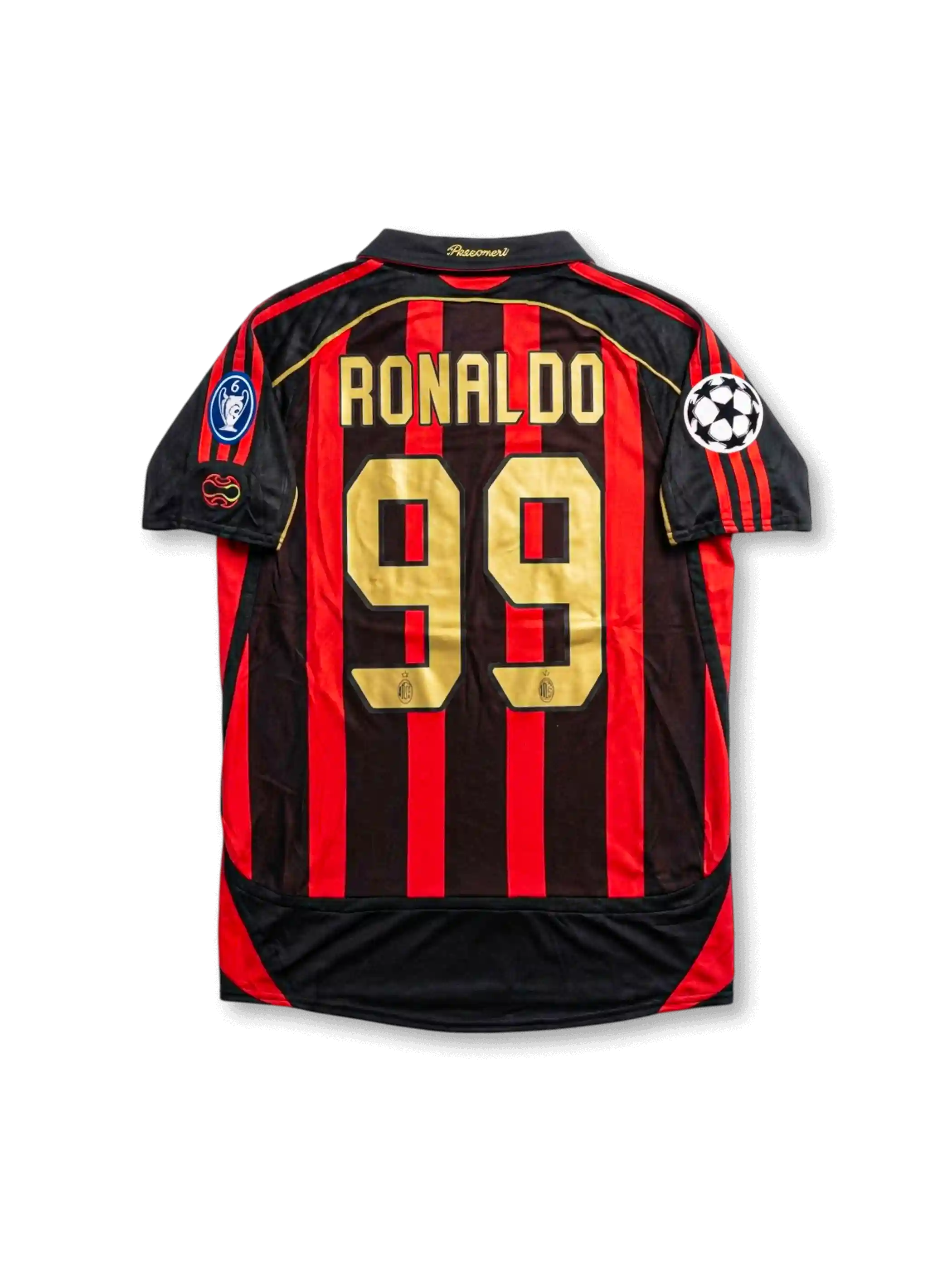 ACミラン 2006/07 UCL ホームジャージ 背面 — RONALDO ゴールド99番×UCLスターボールパッチ×6度欧州制覇トロフィーパッチ