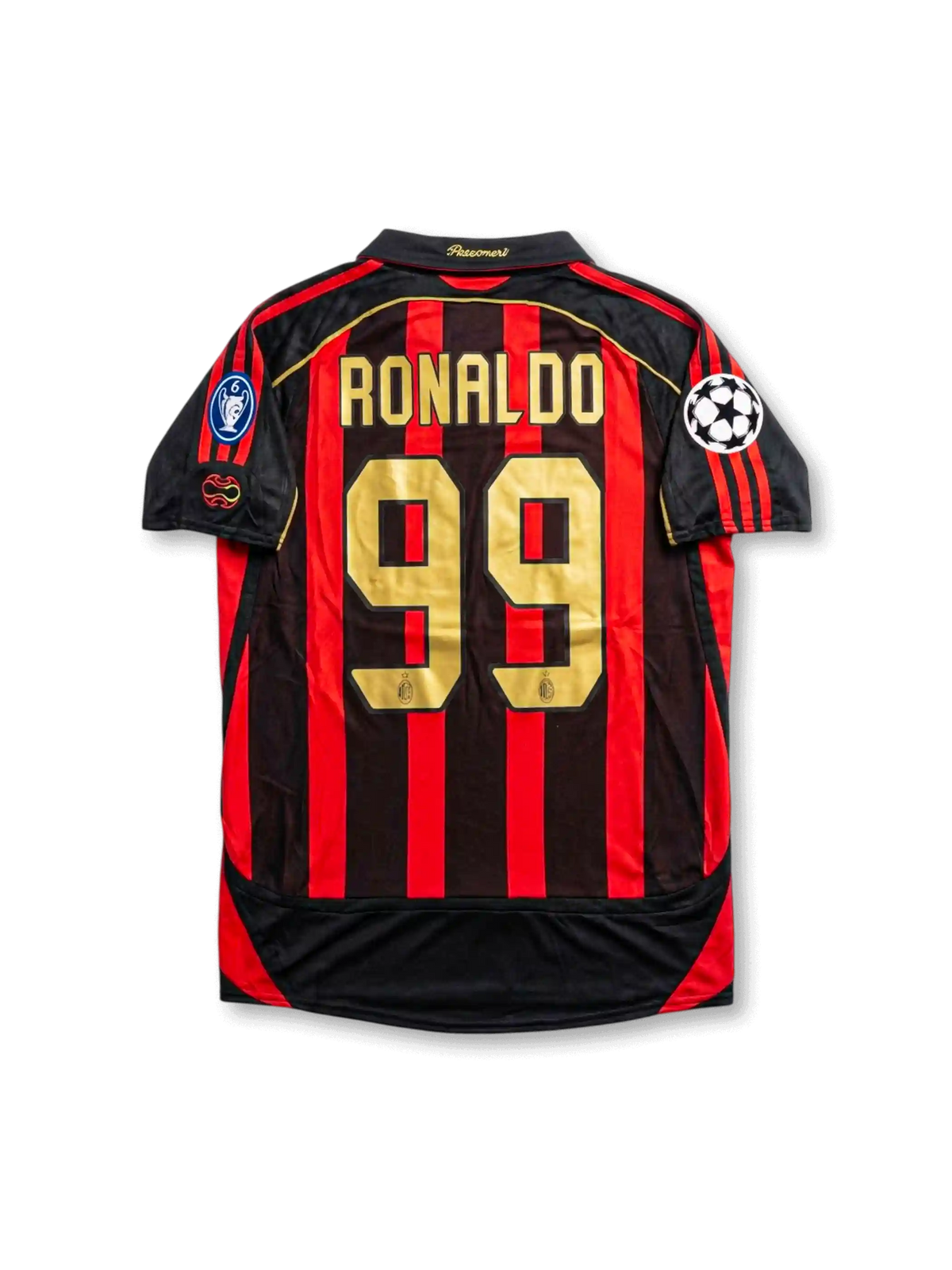 ACミラン 2006/07 UCL ホームジャージ 背面 — RONALDO ゴールド99番×UCLスターボールパッチ×6度欧州制覇トロフィーパッチ