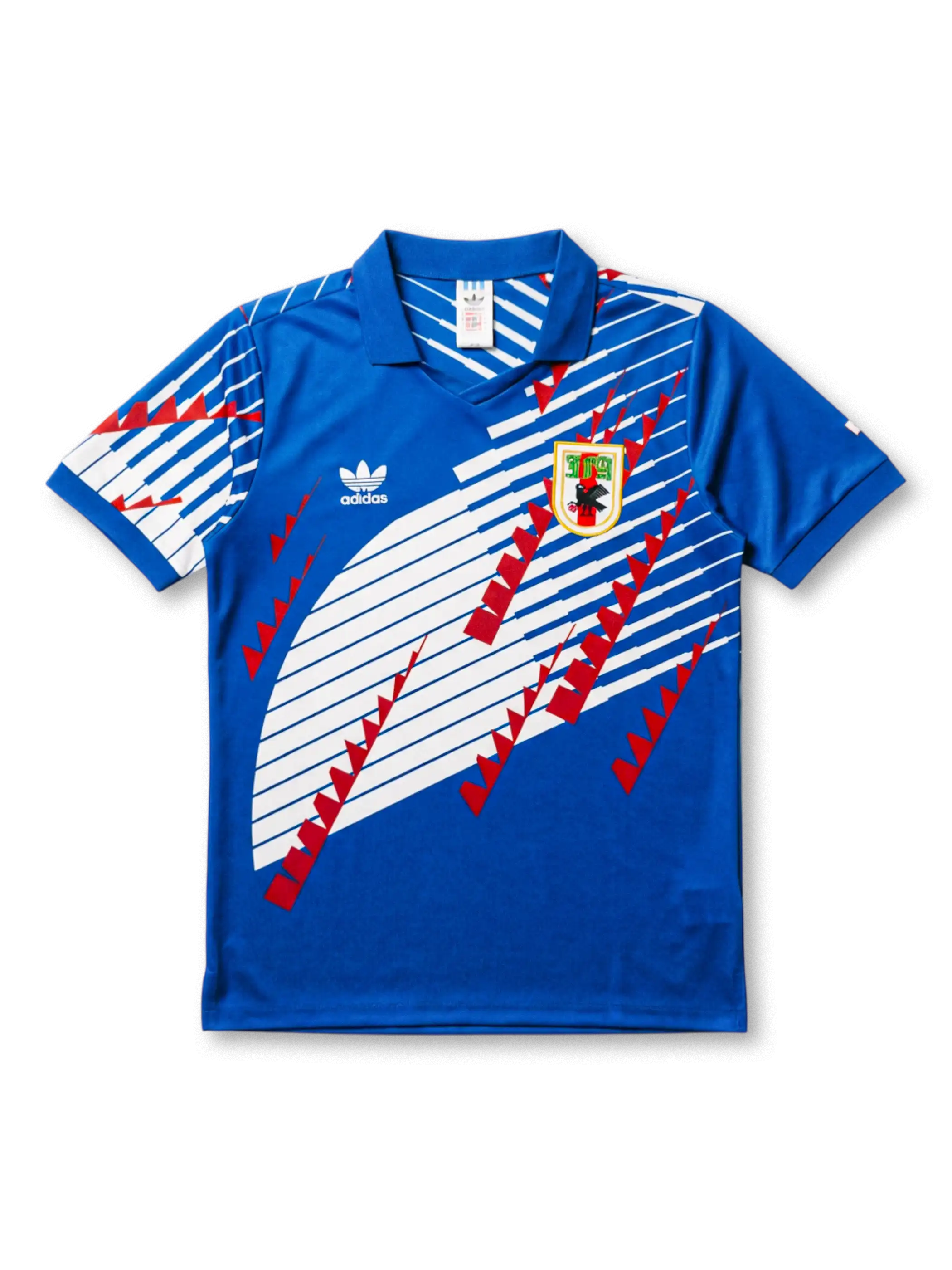 日本代表エンブレム付き ロイヤルブルーの斜線グラフィック半袖シャツ 正面