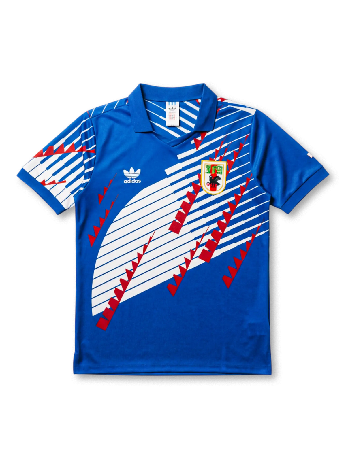 日本代表エンブレム付き ロイヤルブルーの斜線グラフィック半袖シャツ 正面
