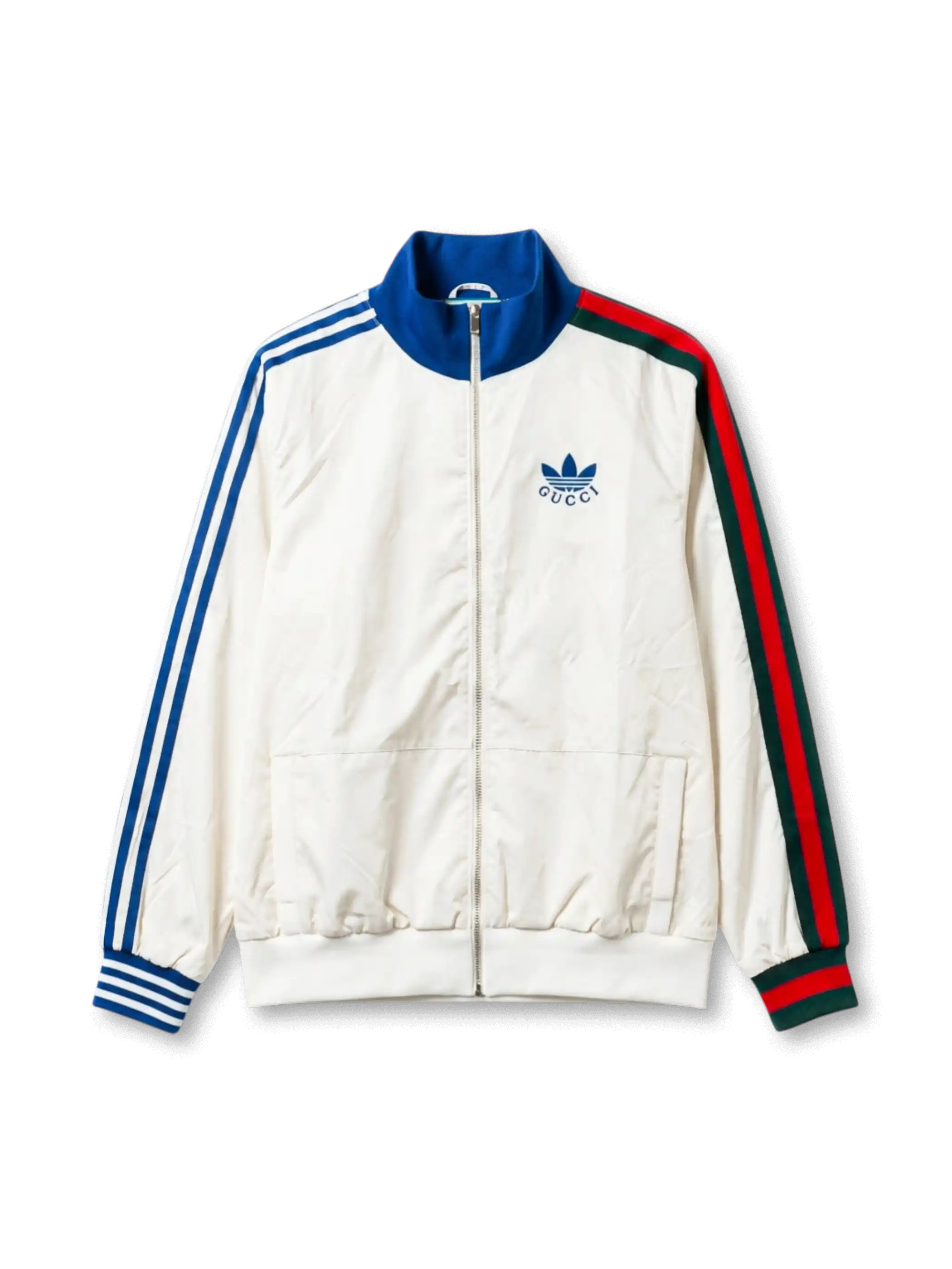 adidas Originals×Gucciトラックジャケット正面・クリーム×ブルー、クリームサテン・左袖青白3本ストライプ・右袖緑赤Gucciウェブ・ブルーリブカラー・adidasトレフォイルGUCCIコンビロゴ