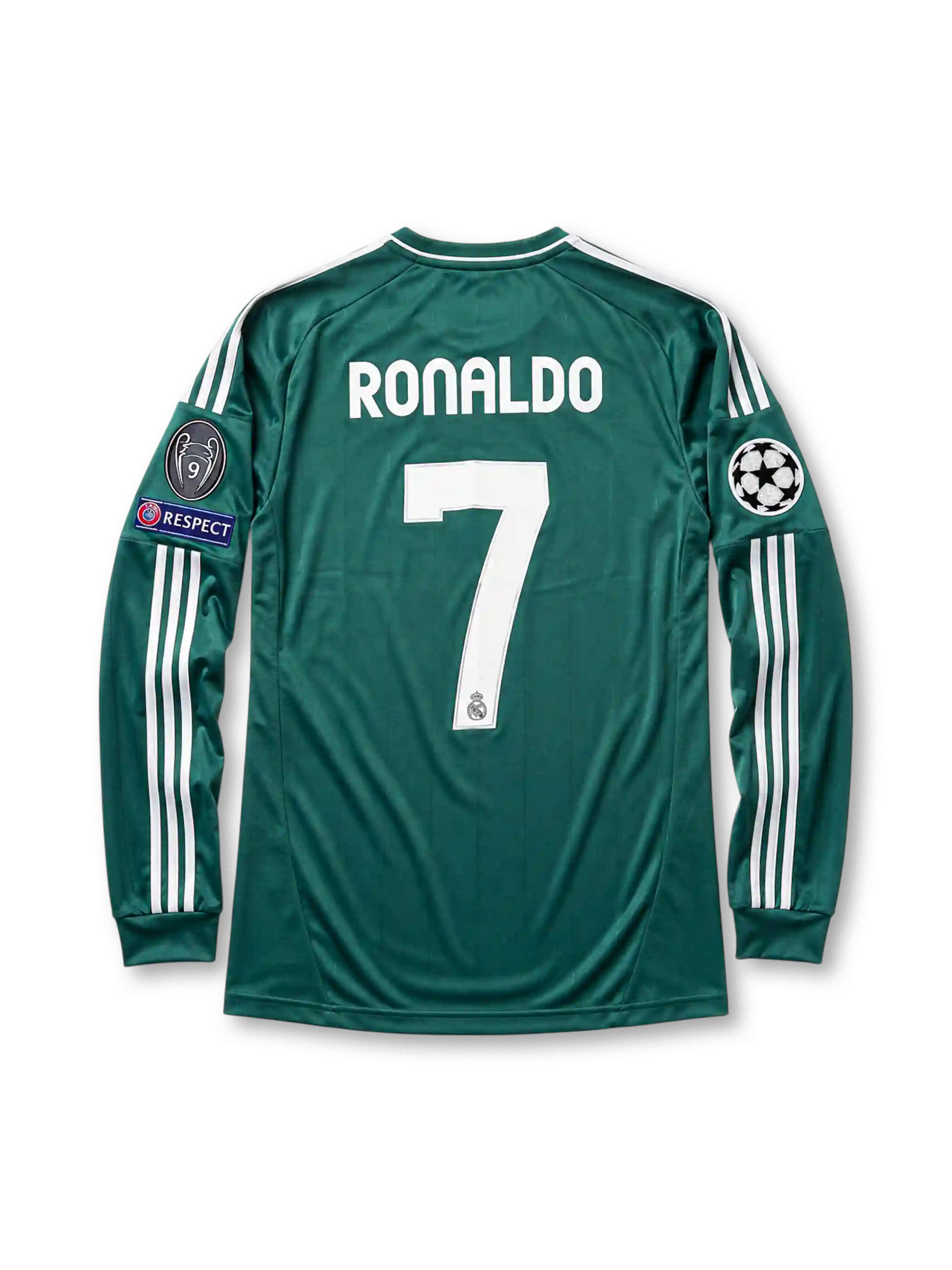 グリーンベースに肩口と両袖のホワイト3本ラインを配した長袖仕様で、左袖にUEFAチャンピオンズリーグ9度優勝エンブレムとRESPECTパッチ、右袖にチャンピオンズリーグエンブレムを備え、背面にホワイトのRONALDOネームと7番、その下にレアル・マドリードのクラブエンブレムをあしらったレアル・マドリード2012-13サードジャージ長袖背面
