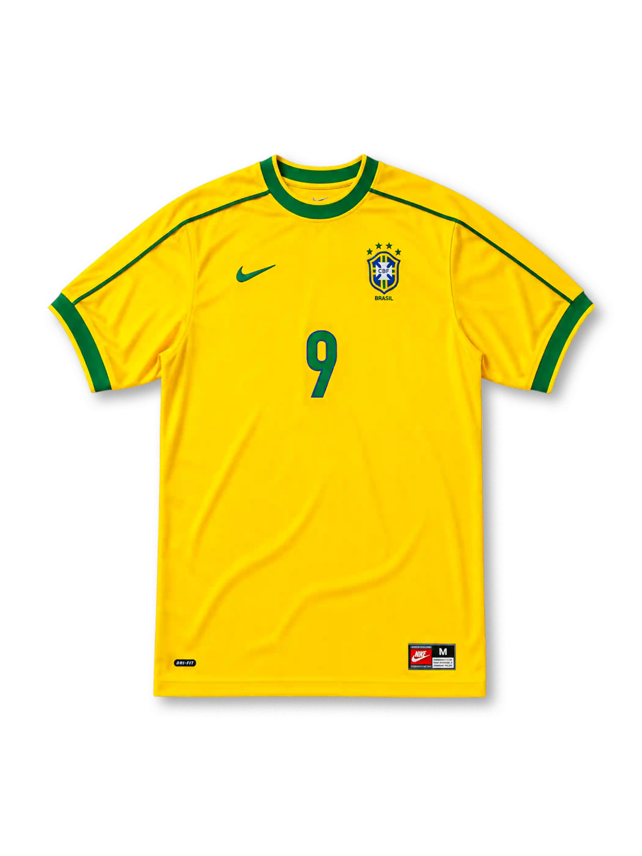 イエローベースにグリーンの襟と肩口ラインを配し、胸にナイキロゴ、星4つ付きCBFブラジルサッカー連盟エンブレムとBRASIL表記、ブルーの9番をあしらったブラジル代表1998ワールドカップホームジャージ正面