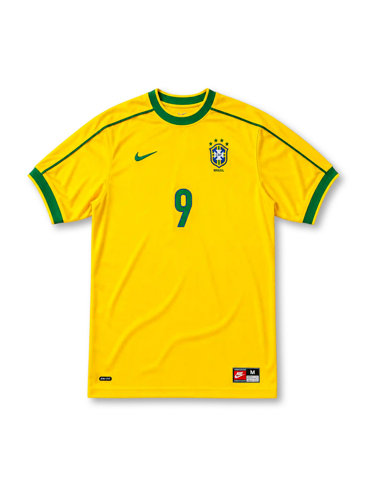イエローベースにグリーンの襟と肩口ラインを配し、胸にナイキロゴ、星4つ付きCBFブラジルサッカー連盟エンブレムとBRASIL表記、ブルーの9番をあしらったブラジル代表1998ワールドカップホームジャージ正面