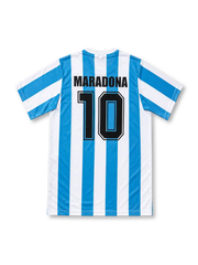 ブルー×ホワイトの縦ストライプに、胸にル・コック・スポルティフロゴとAFAアルゼンチンサッカー協会エンブレムを備えたアルゼンチン代表1998ワールドカップホームジャージ正面