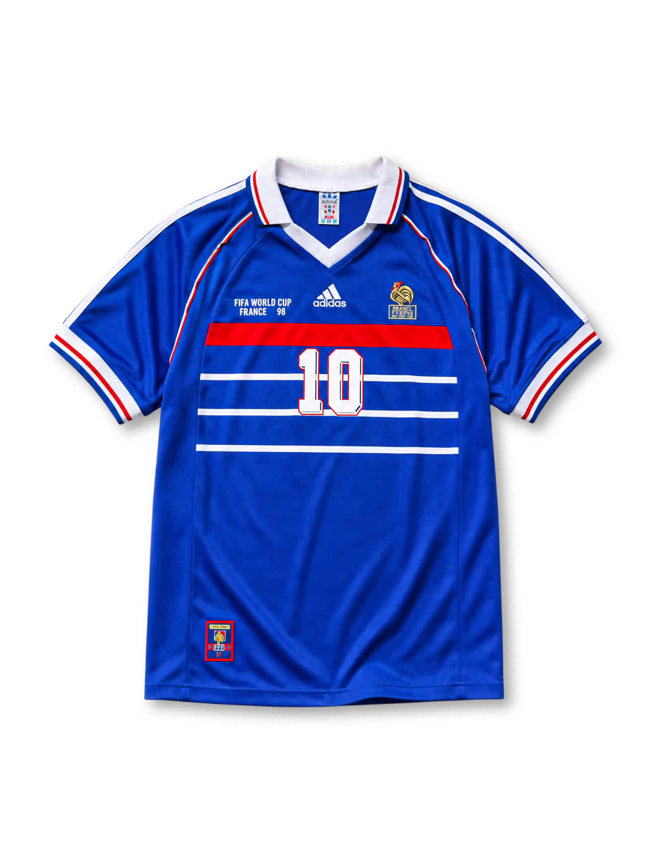 ブルーベースにホワイト襟と両肩のホワイト×レッドラインを配し、胸にFIFA WORLD CUP FRANCE 98表記、adidasロゴ、フランスサッカー連盟のコックエンブレム、中央にレッドの帯とホワイトの10番、裾にフランスサッカー連盟の紋章タグを備えたフランス代表1998ワールドカップホームジャージ正面
