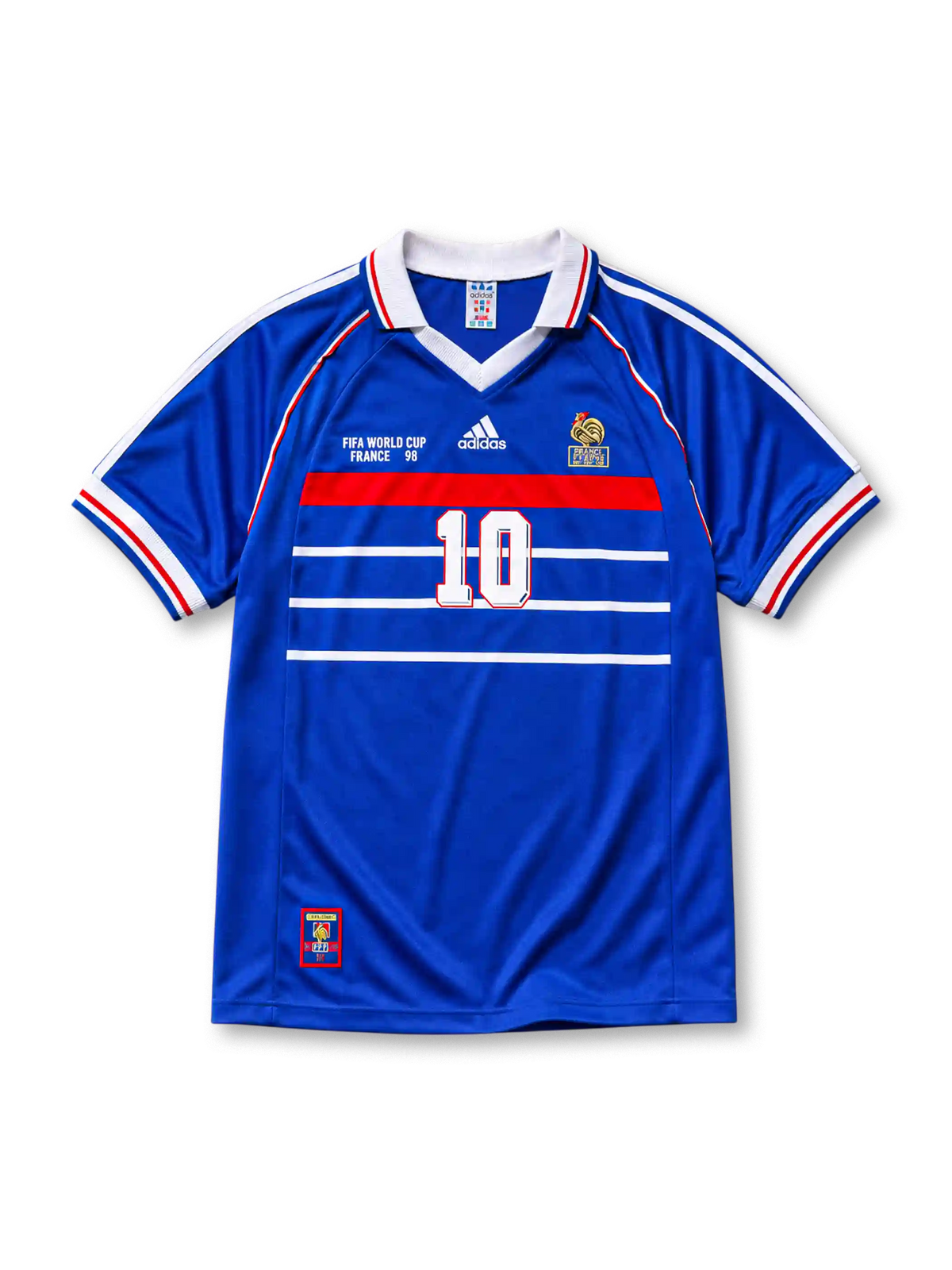 ブルーベースにホワイト襟と両肩のホワイト×レッドラインを配し、胸にFIFA WORLD CUP FRANCE 98表記、adidasロゴ、フランスサッカー連盟のコックエンブレム、中央にレッドの帯とホワイトの10番、裾にフランスサッカー連盟の紋章タグを備えたフランス代表1998ワールドカップホームジャージ正面