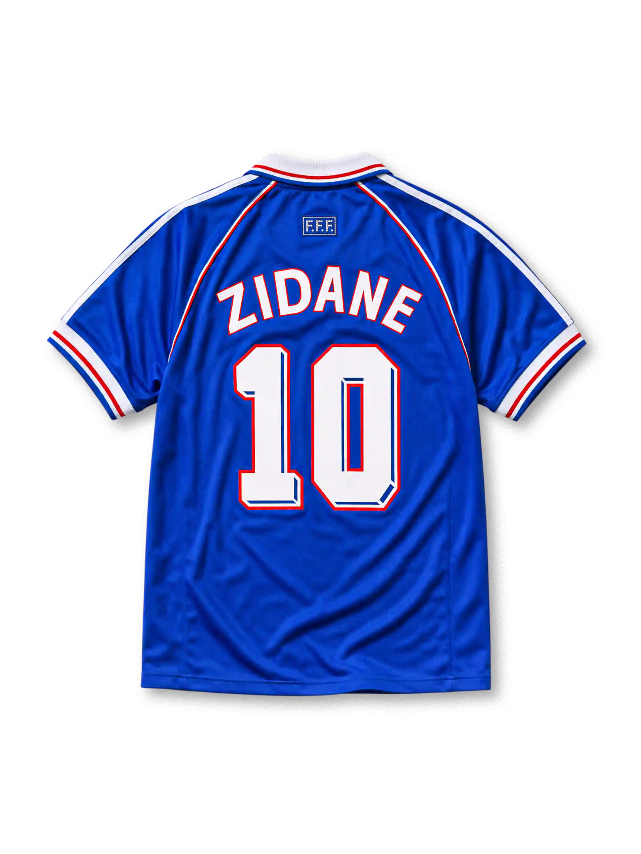 ブルーベースにホワイト襟と両肩のホワイト×レッドラインを配し、胸にFIFA WORLD CUP FRANCE 98表記、adidasロゴ、フランスサッカー連盟のコックエンブレム、中央にレッドの帯とホワイトの10番、裾にフランスサッカー連盟の紋章タグを備えたフランス代表1998ワールドカップホームジャージ正面